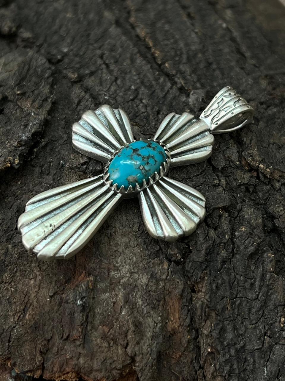 Handmade Sterling Silver Kingman Turquoise Cross Pendant "Signed Nizhoni" (4)