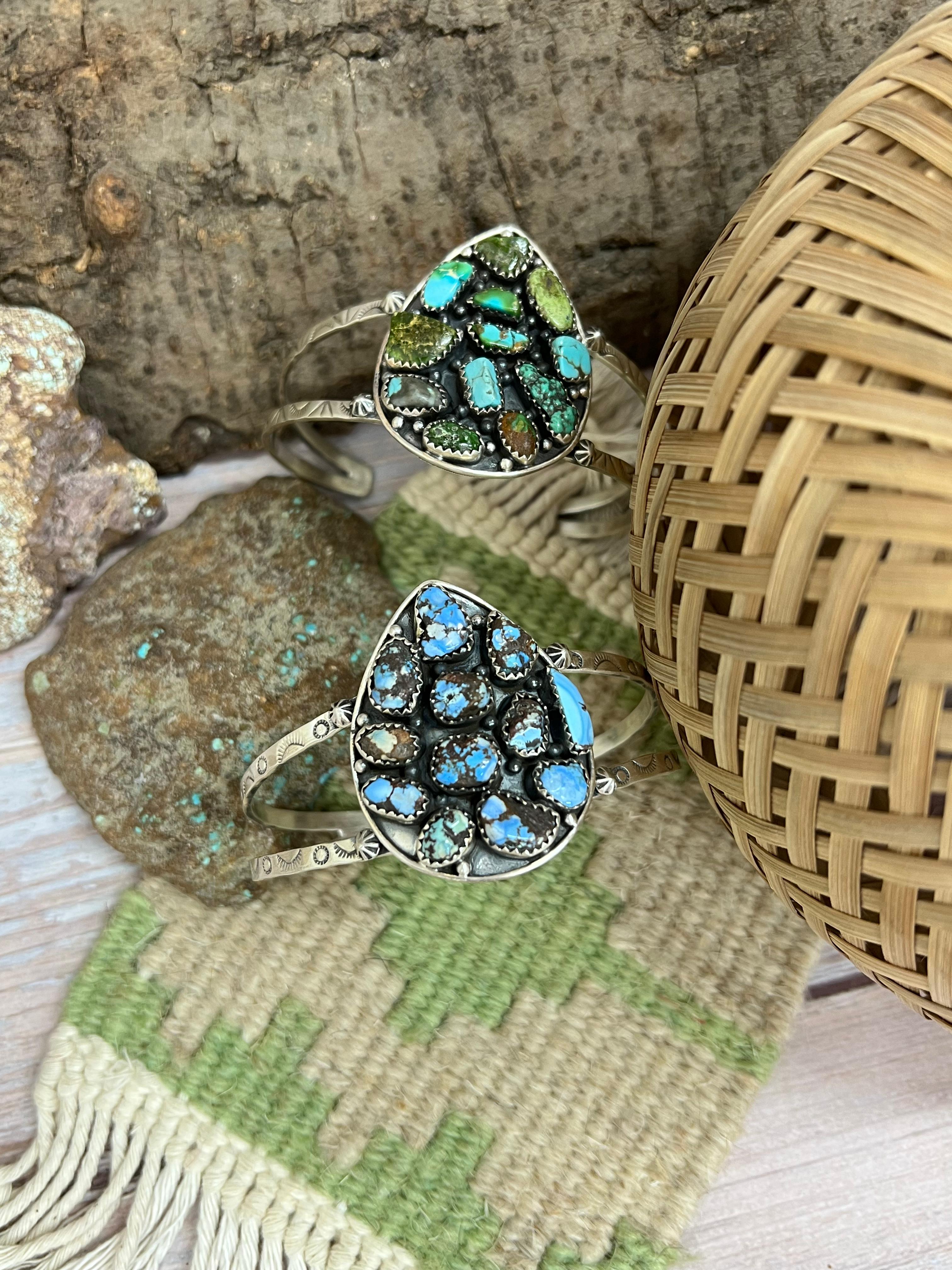 Handmade Sterling Silver Golden Hill, Sonoran Mountain Turquoise Bracelet with Signed Nizhoni /