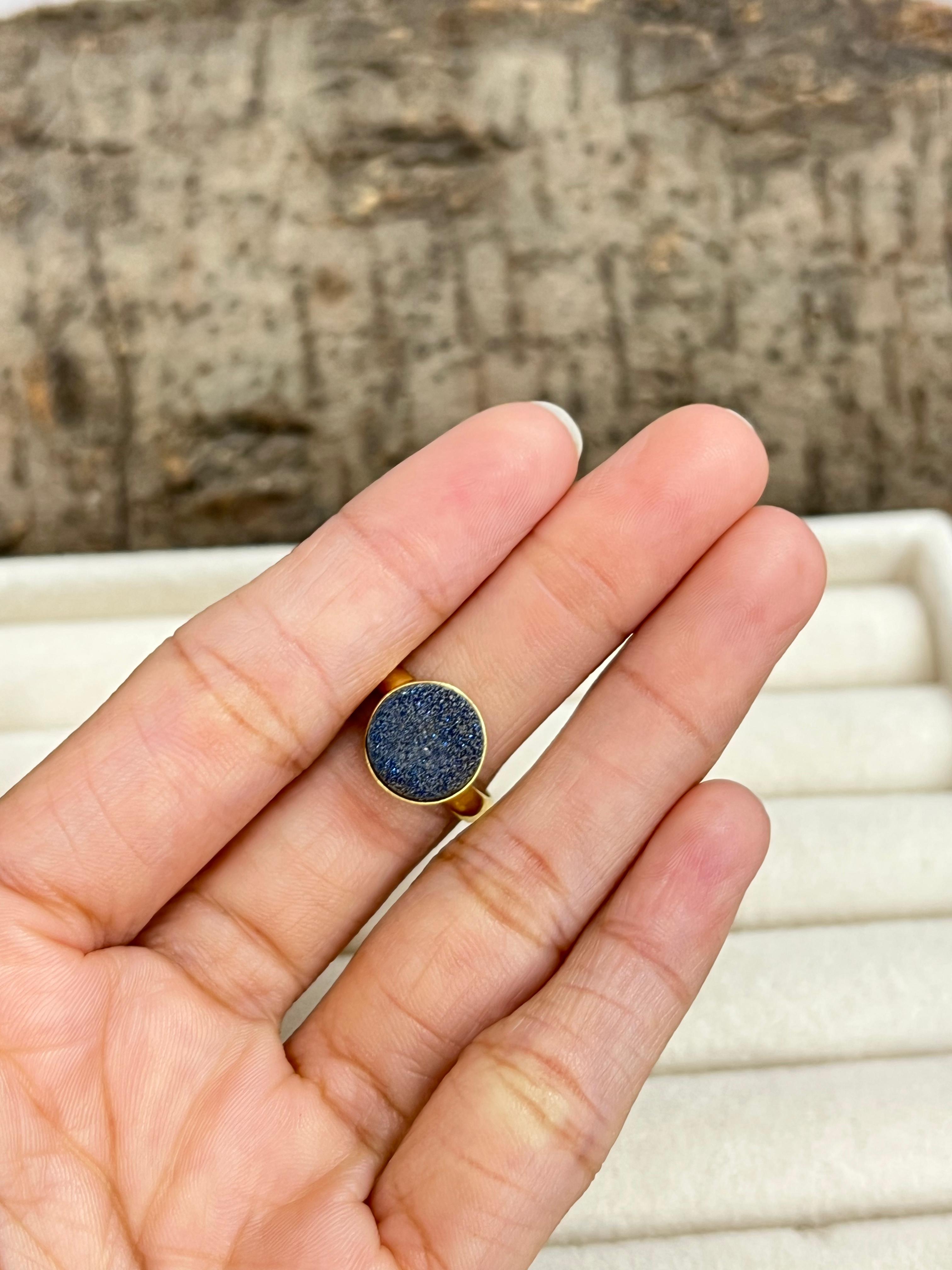 “The Boho Collection” Handmade Blue Circle Druzy Adjustable Ring Signed Nizhoni