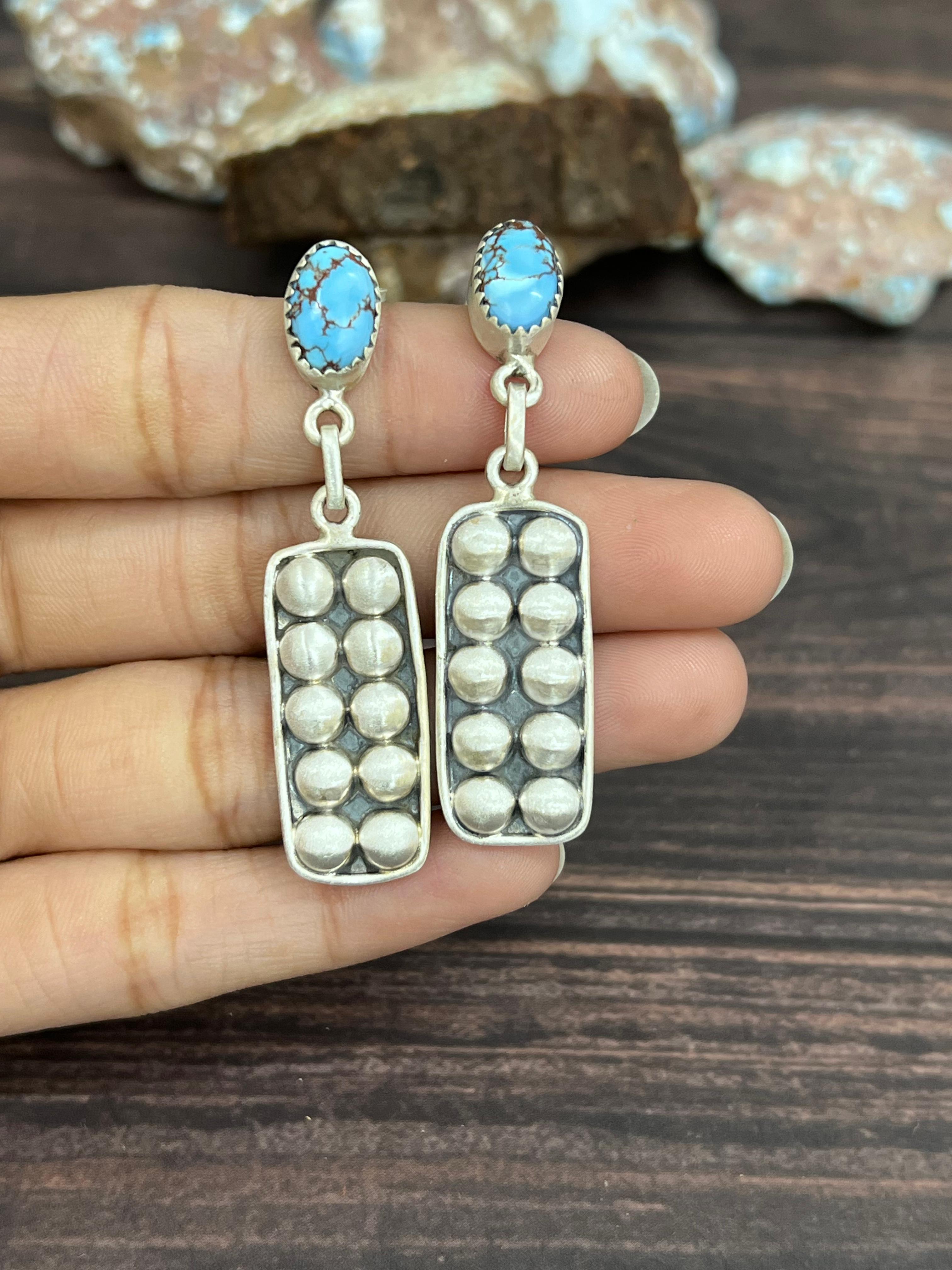 Handmade Sterling Silver Golden Hills Turquoise Post Dangle Earrings with Signed Nizhoni