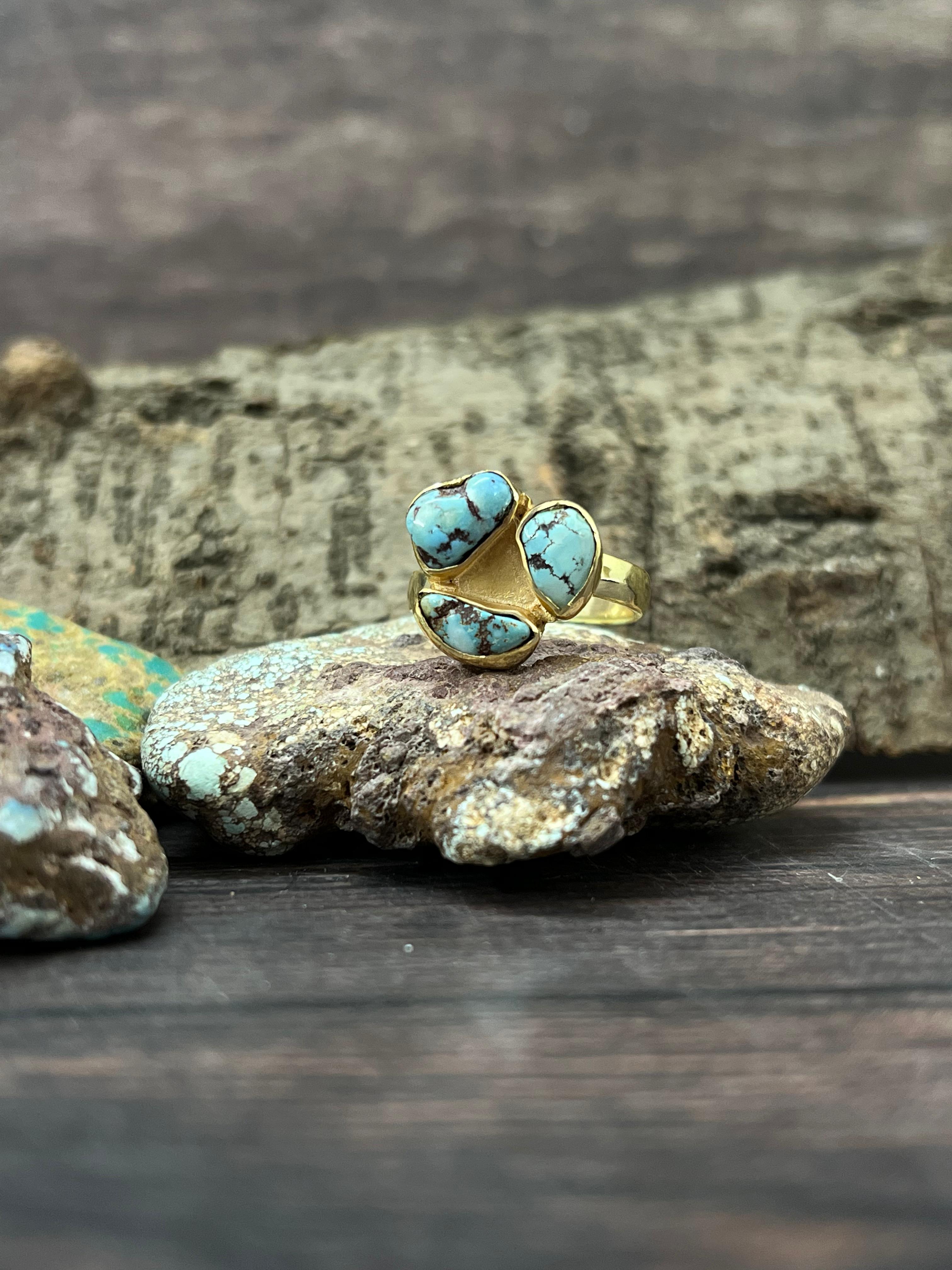 “The Golden Collection” Natural Golden Hills Turquoise 3 Stone Adjustable Ring