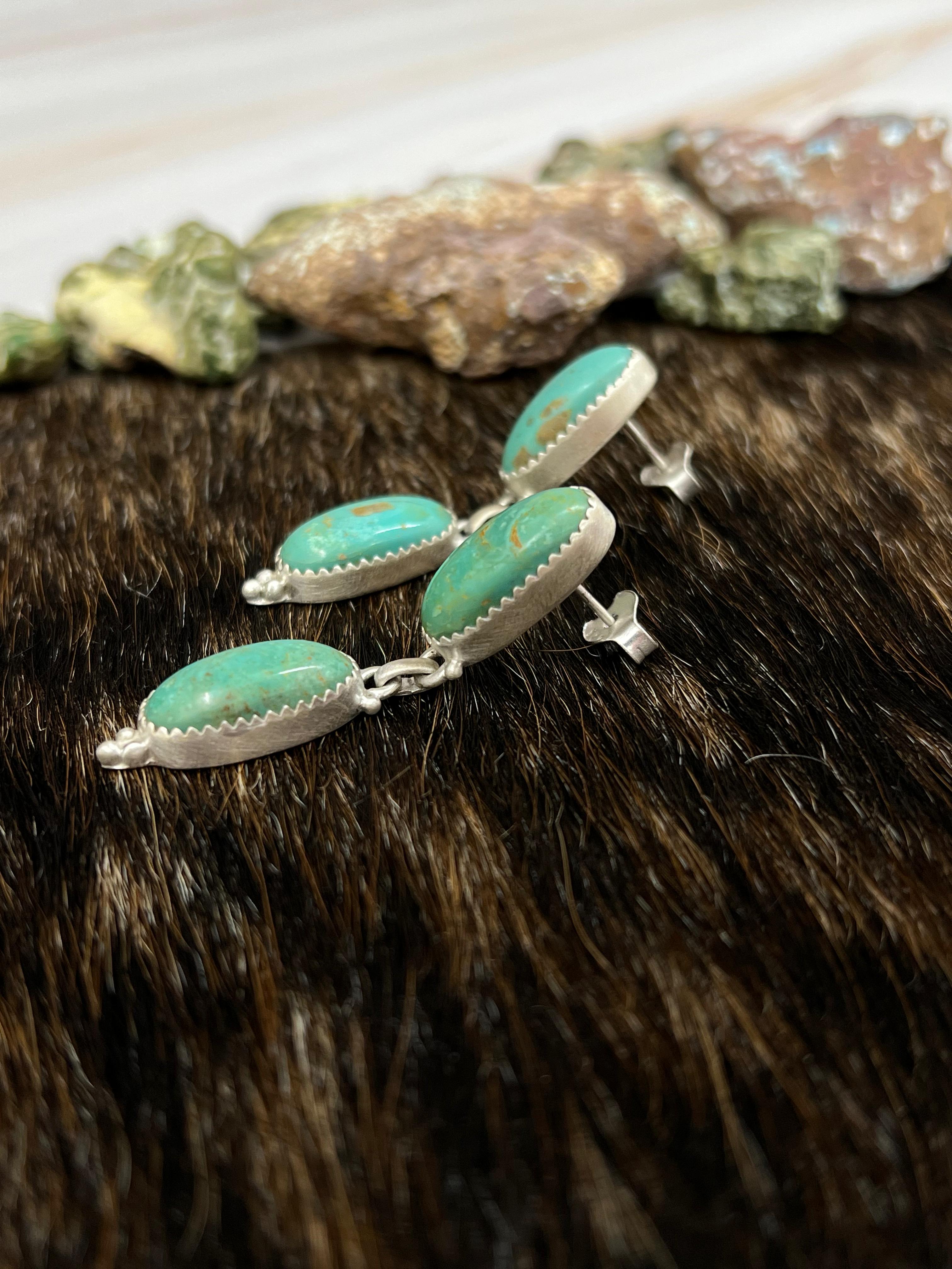 Handmade Sterling Silver Royston Turquoise Dangle Earrings with Signed Nizhoni