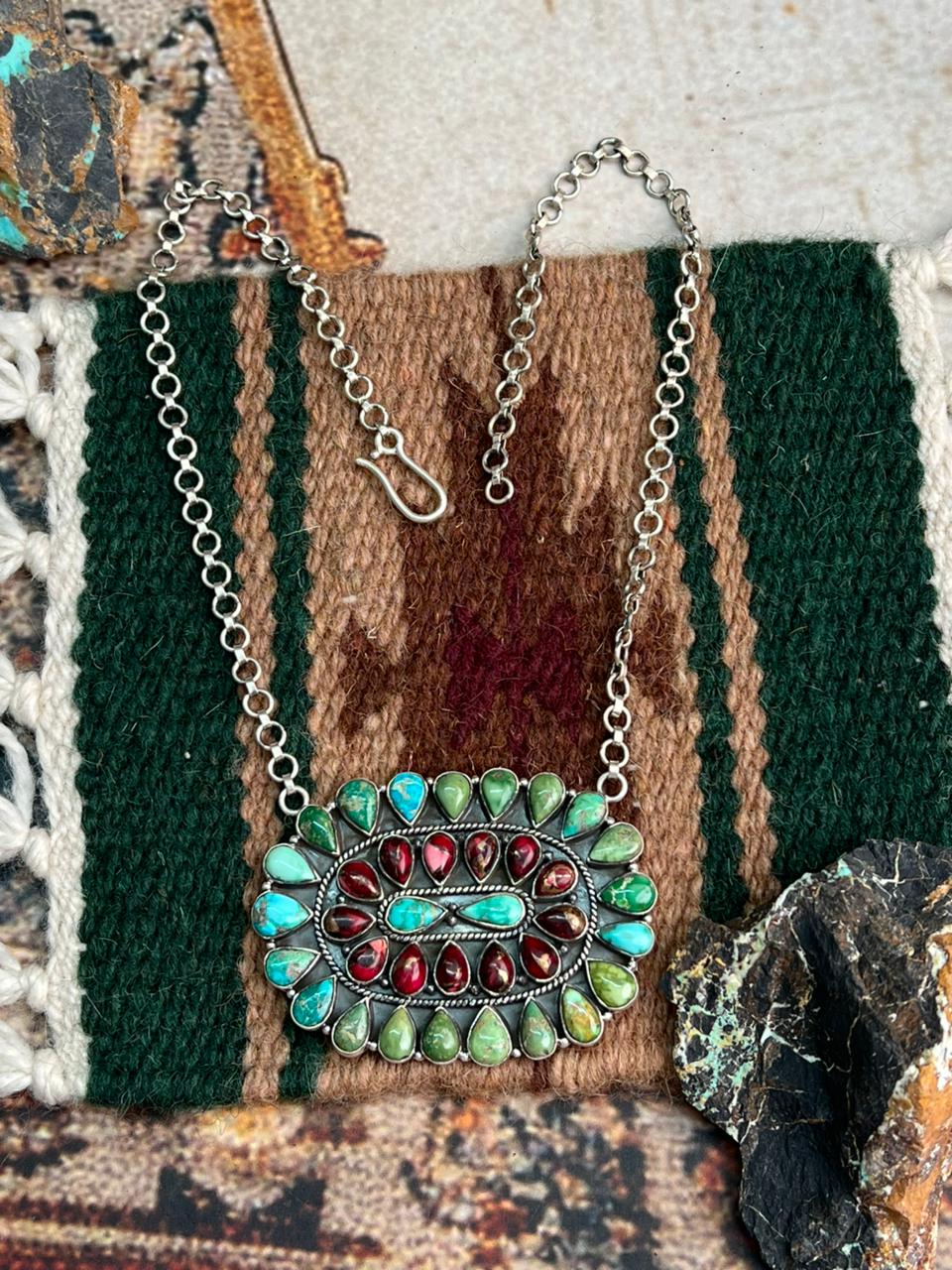 Handmade Sterling Silver Dahlia Rose with Emerald Valley Turquoise Necklace "Signed Nizhoni"