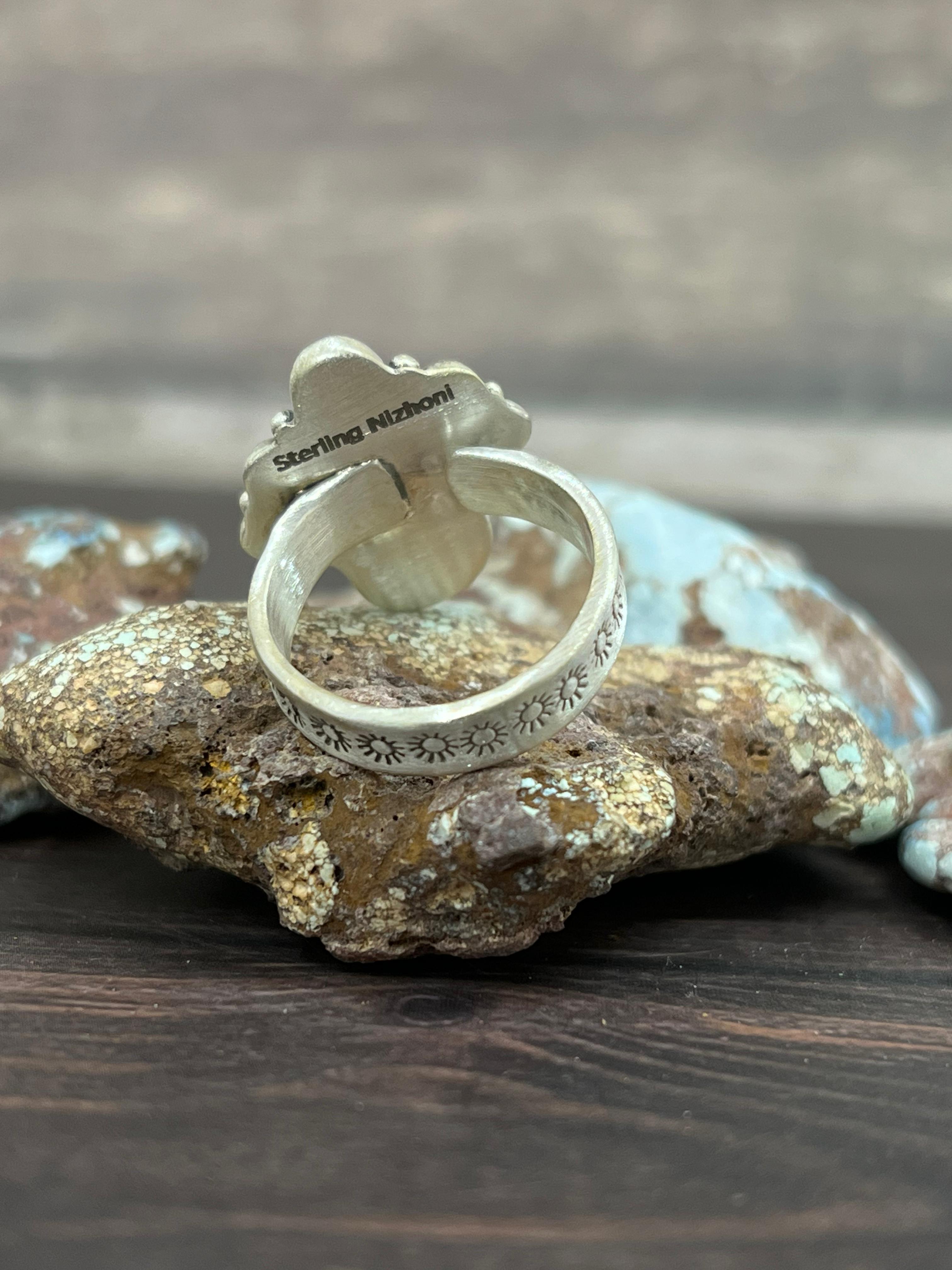 Handmade Sterling Silver with Golden Hills Turquoise Adjustable Ring With Signed Nizhoni