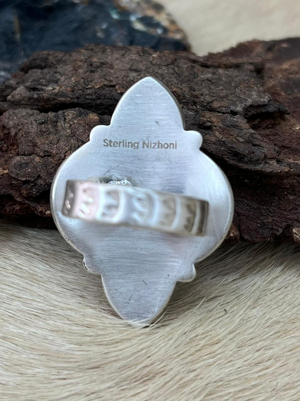 Handmade Sterling Silver Kingman Turquoise Adjustable Ring "Signed Nizhoni"