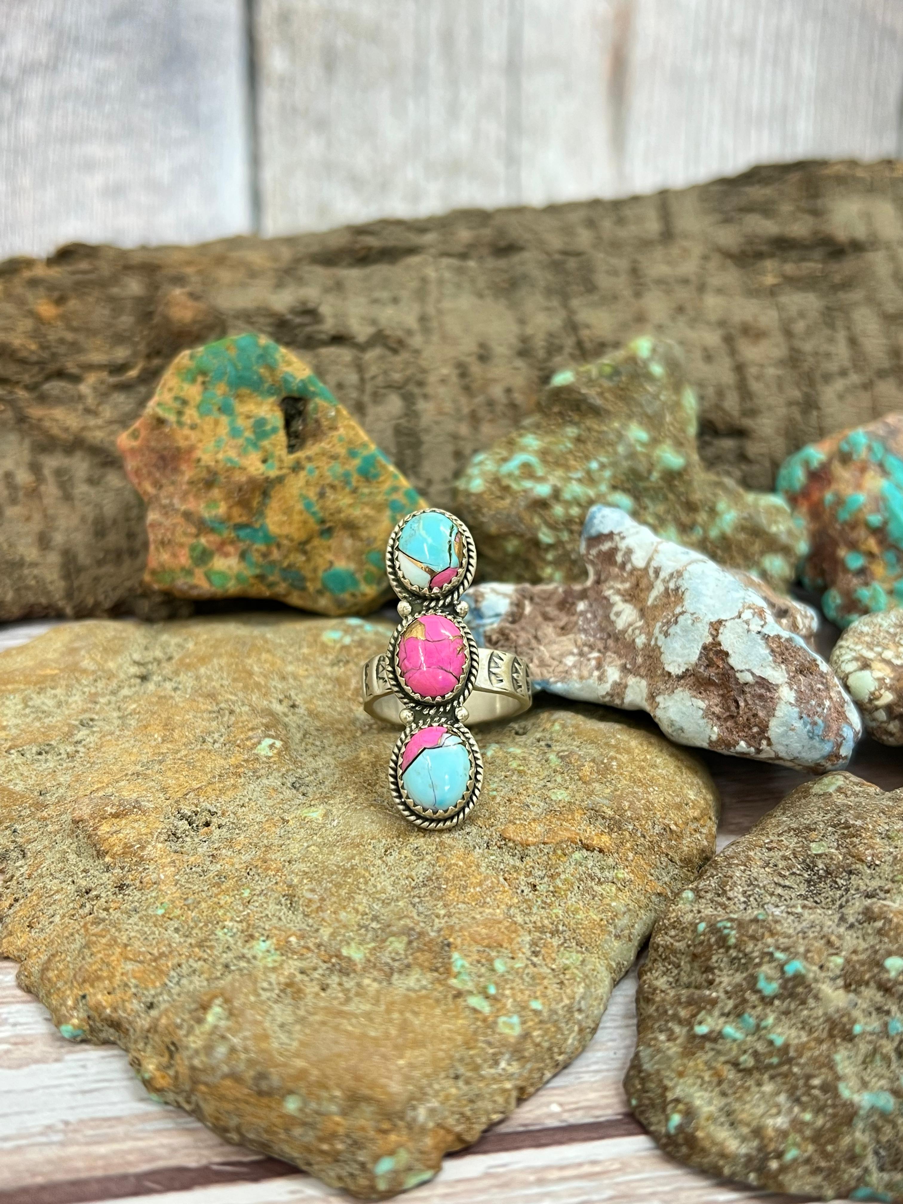 Handmade Sterling Silver Cotton Candy Turquoise Adjustable Ring with Signed Nizhoni