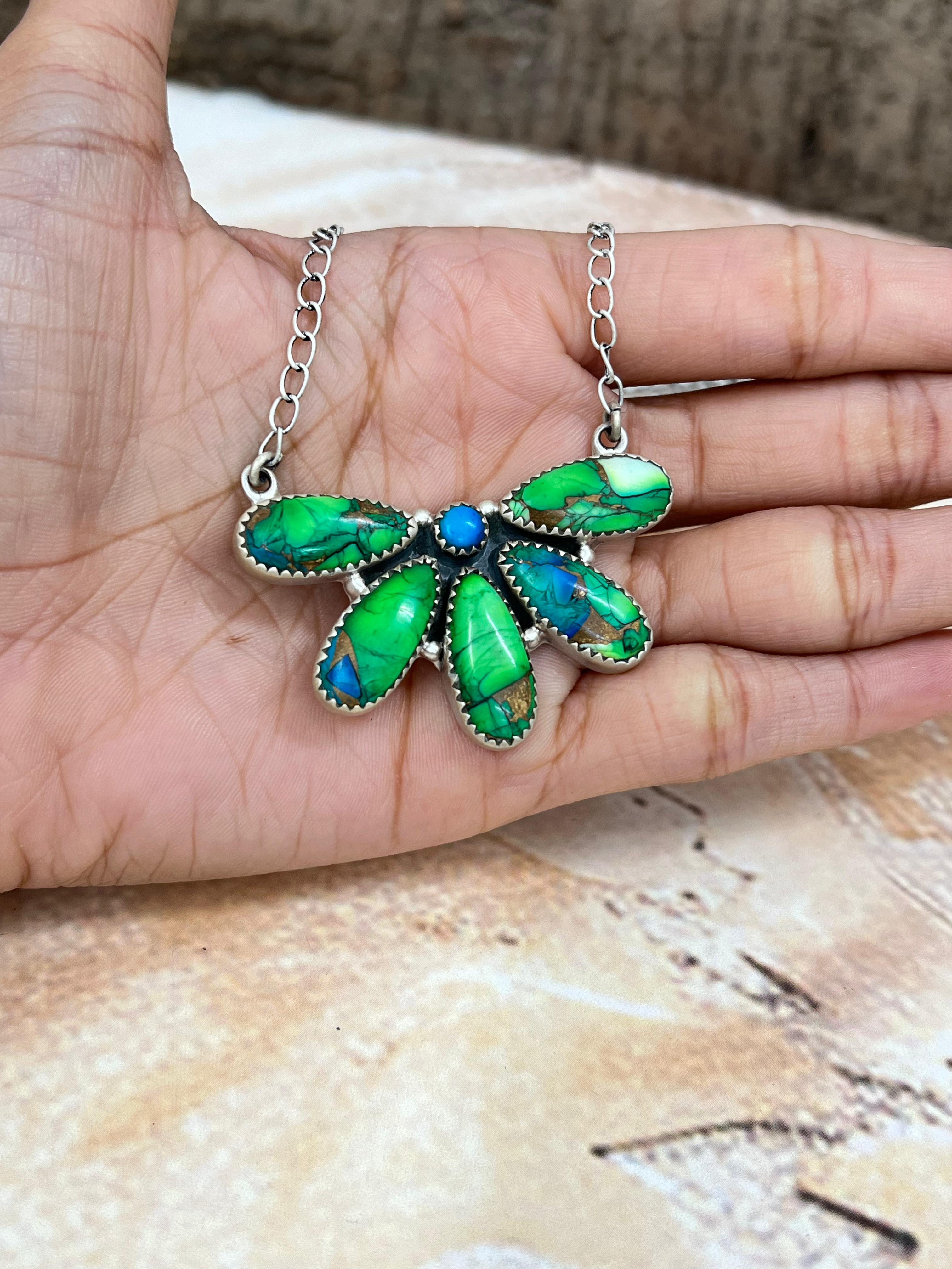 Handmade Sterling Silver Peacock Dahlia Necklace with Signed Nizhoni