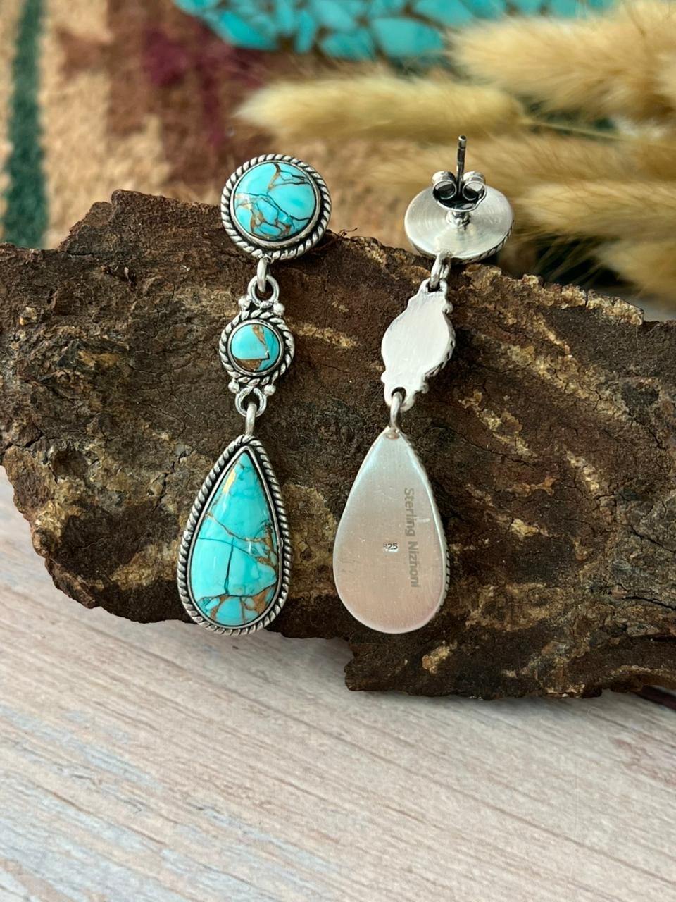 Handmade Sterling Silver Mint Dahlia Collection: Post Dangle Earrings "Signed Nizhoni"