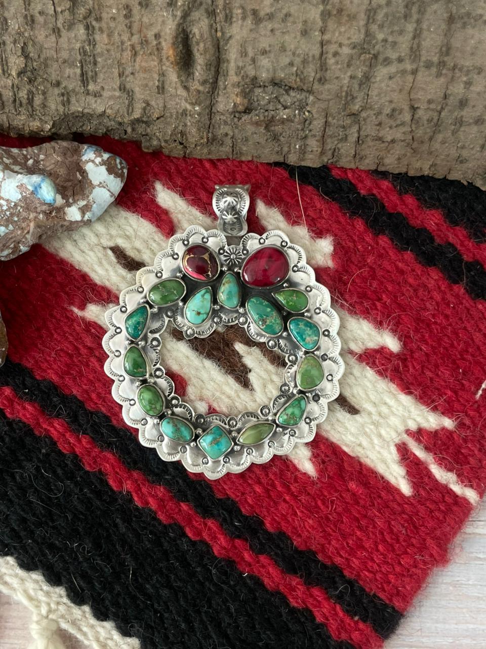 Handmade Sterling Silver Dahlia Rose with Emerald Valley Turquoise Pendant "Signed Nizhoni"