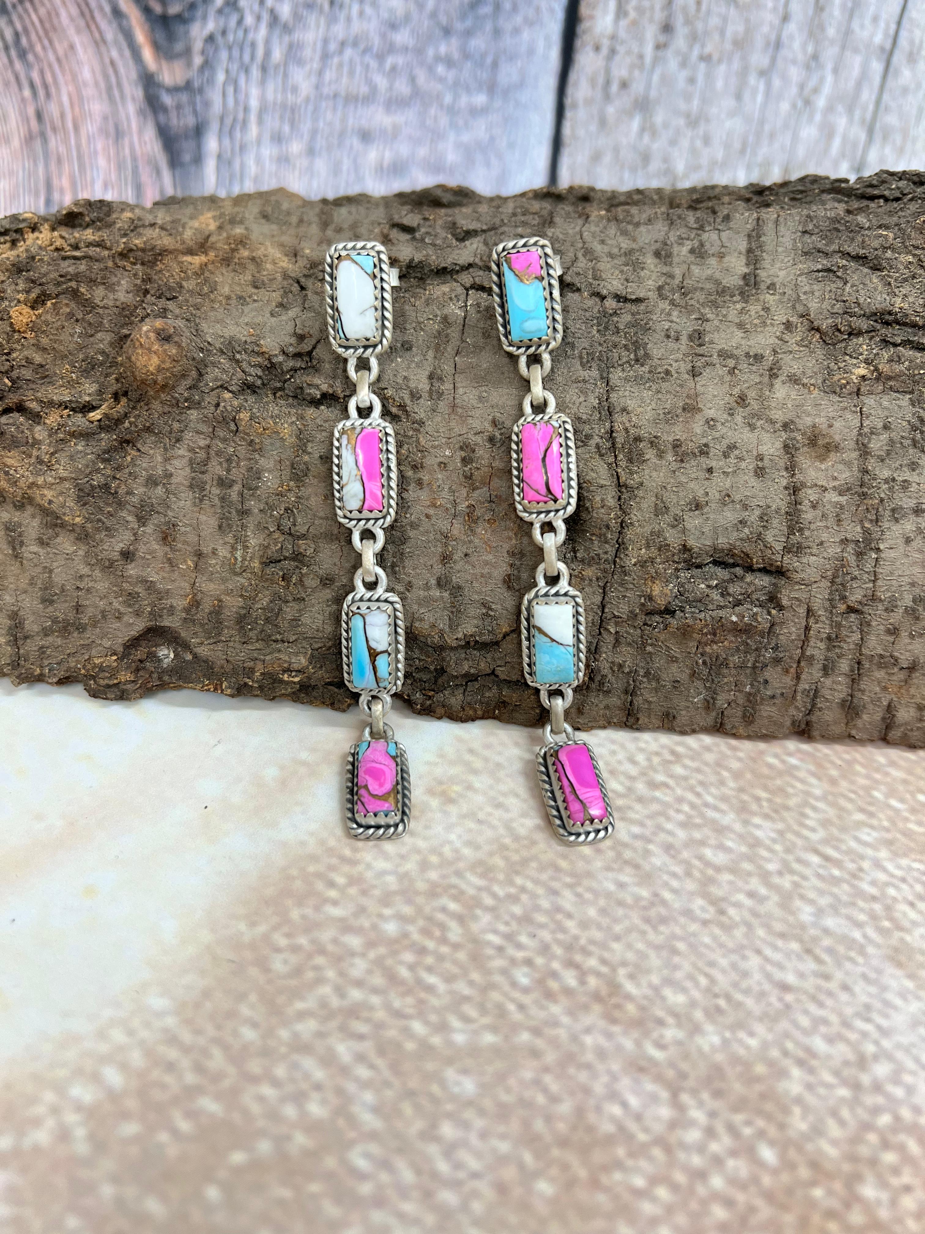 Handmade Sterling Silver Cotton Candy Turquoise Post Earrings with Signed Nizhoni