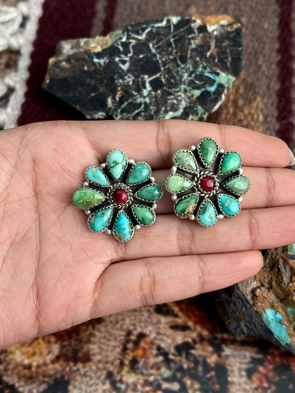 Handmade Sterling Silver Dahlia Rose with Emerald Valley Turquoise Post Earrings "Signed Nizhoni"