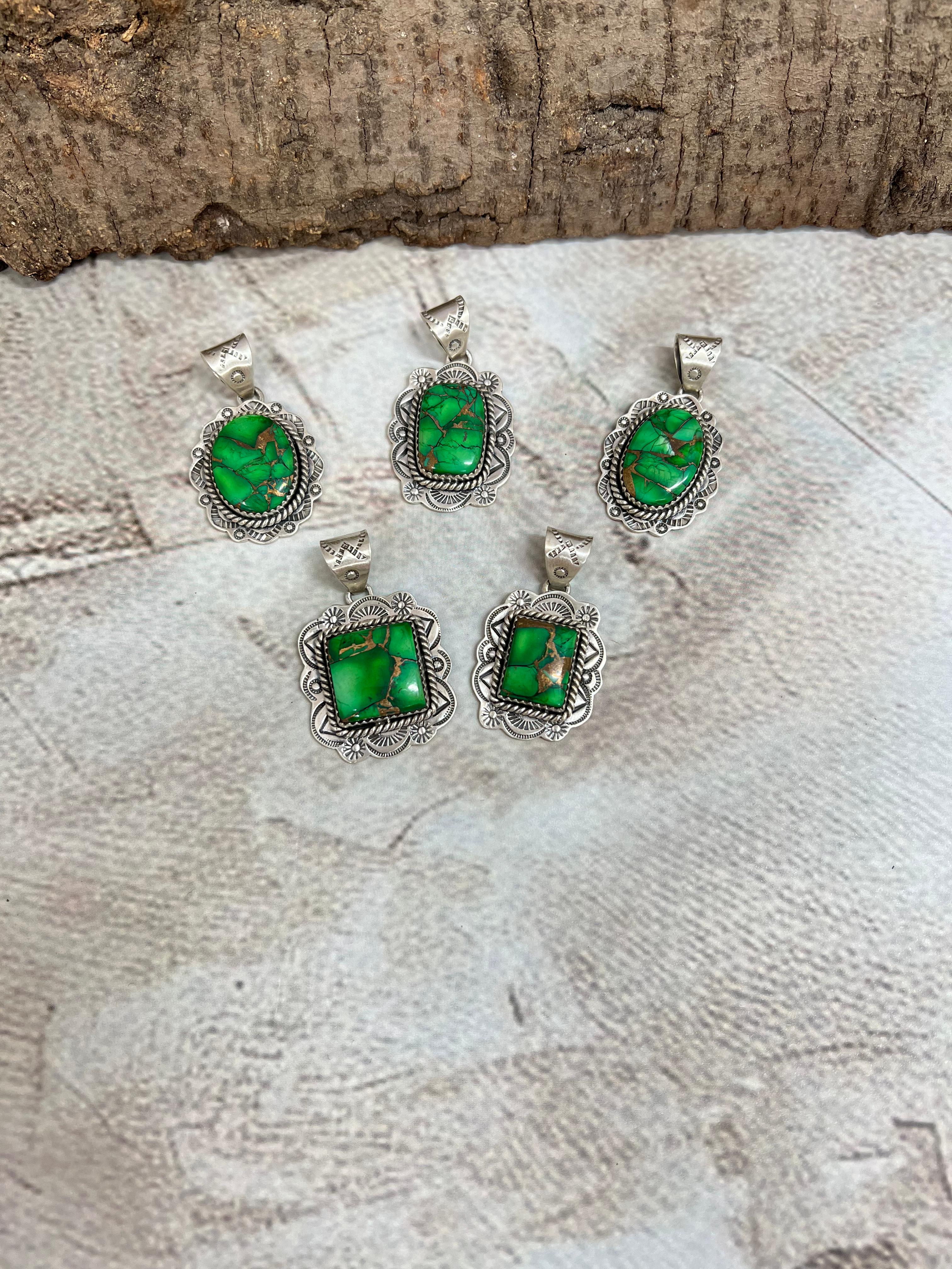 Handmade Sterling Silver Kelly Green Dahlia Pendant with Signed Nizhoni