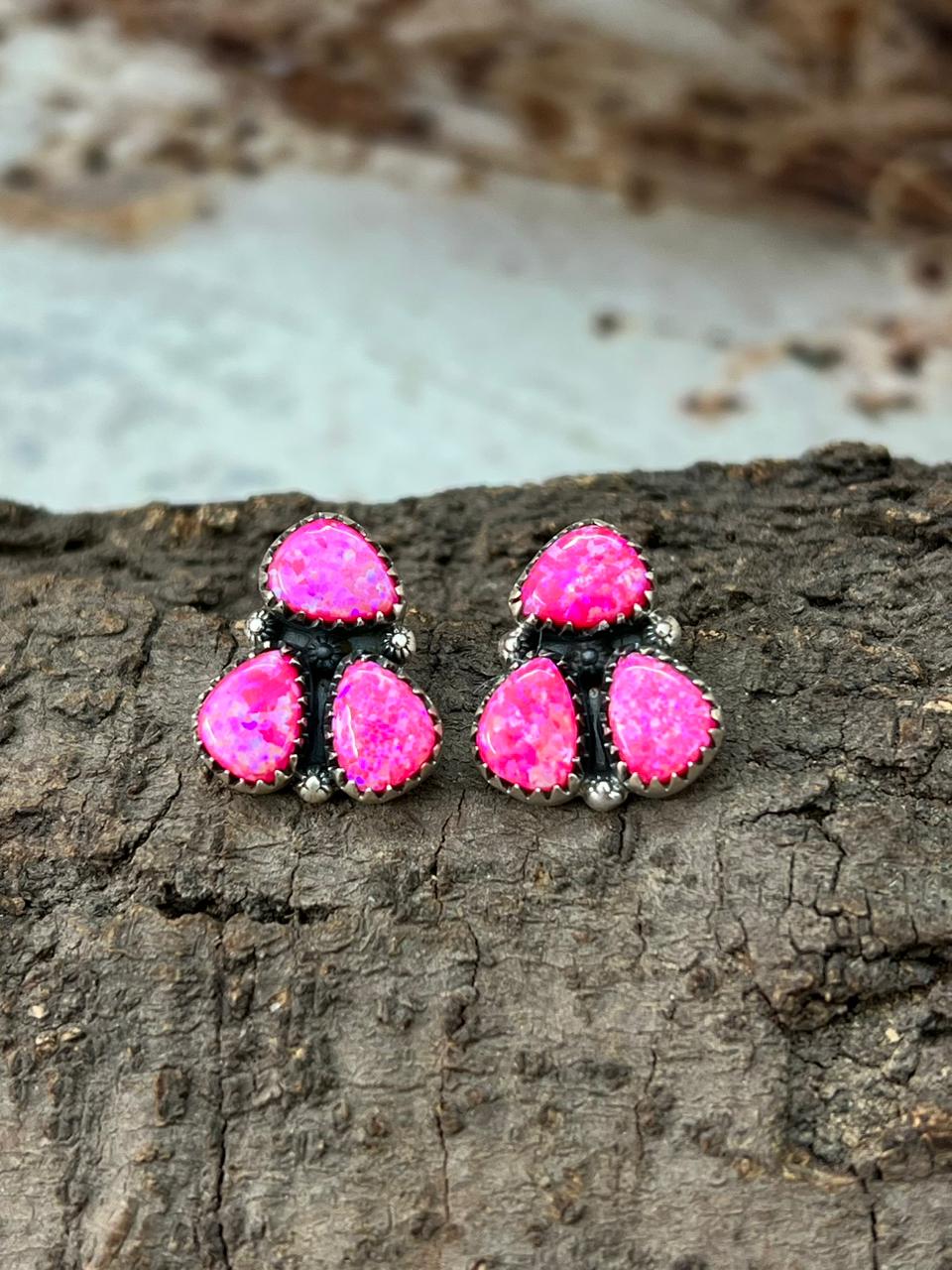 Handmade Sterling Silver Hot Pink Post Studs Earrings "Signed Nizhoni"