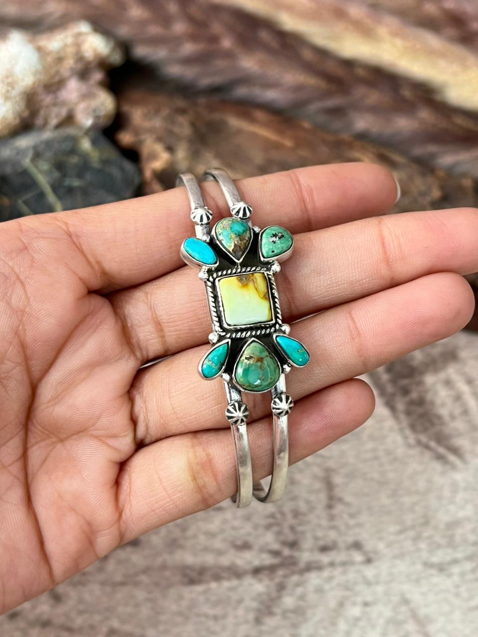 Handmade Sterling Silver Palomino with Emerlad Valley Turquoise Bracelet "Signed Nizhoni"