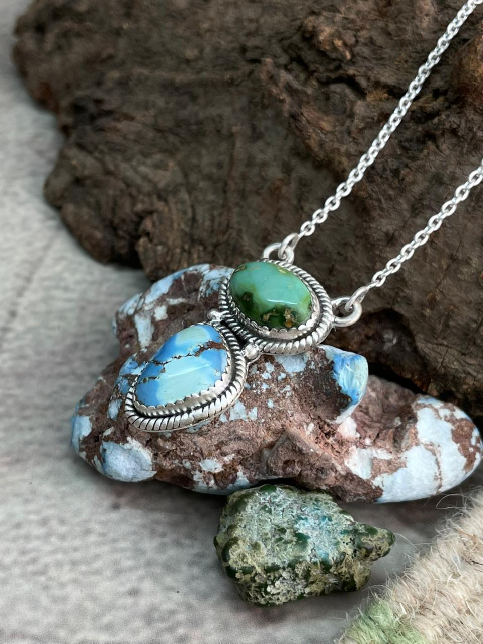 Handmade Sterling Silver Golden Hills Turquoise with Sonoran Mountain Turquoise Necklace "Signed Nizhoni"
