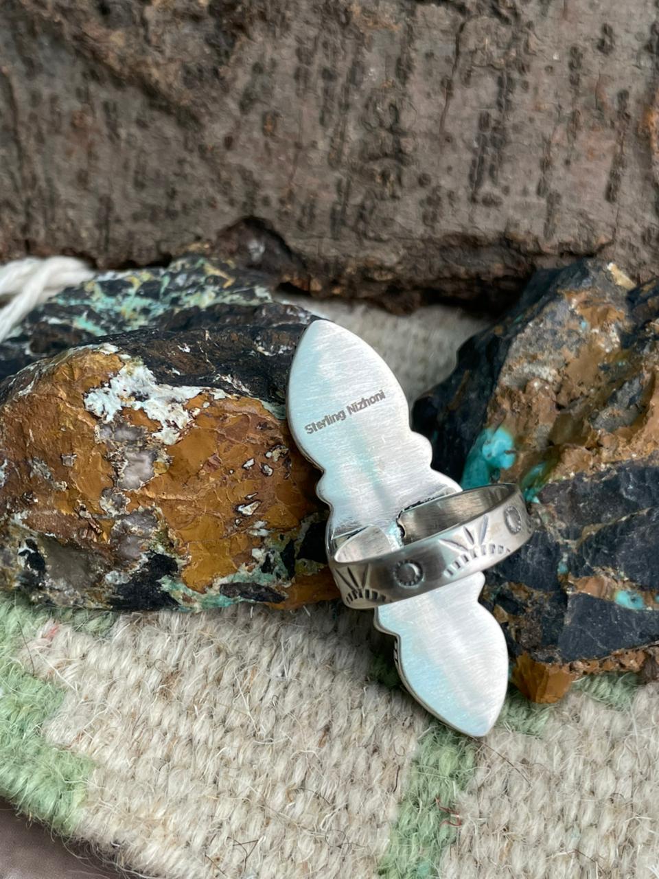 Handmade Sterling Silver Emerald Rose Adjustable Ring "Signed Nizhoni"