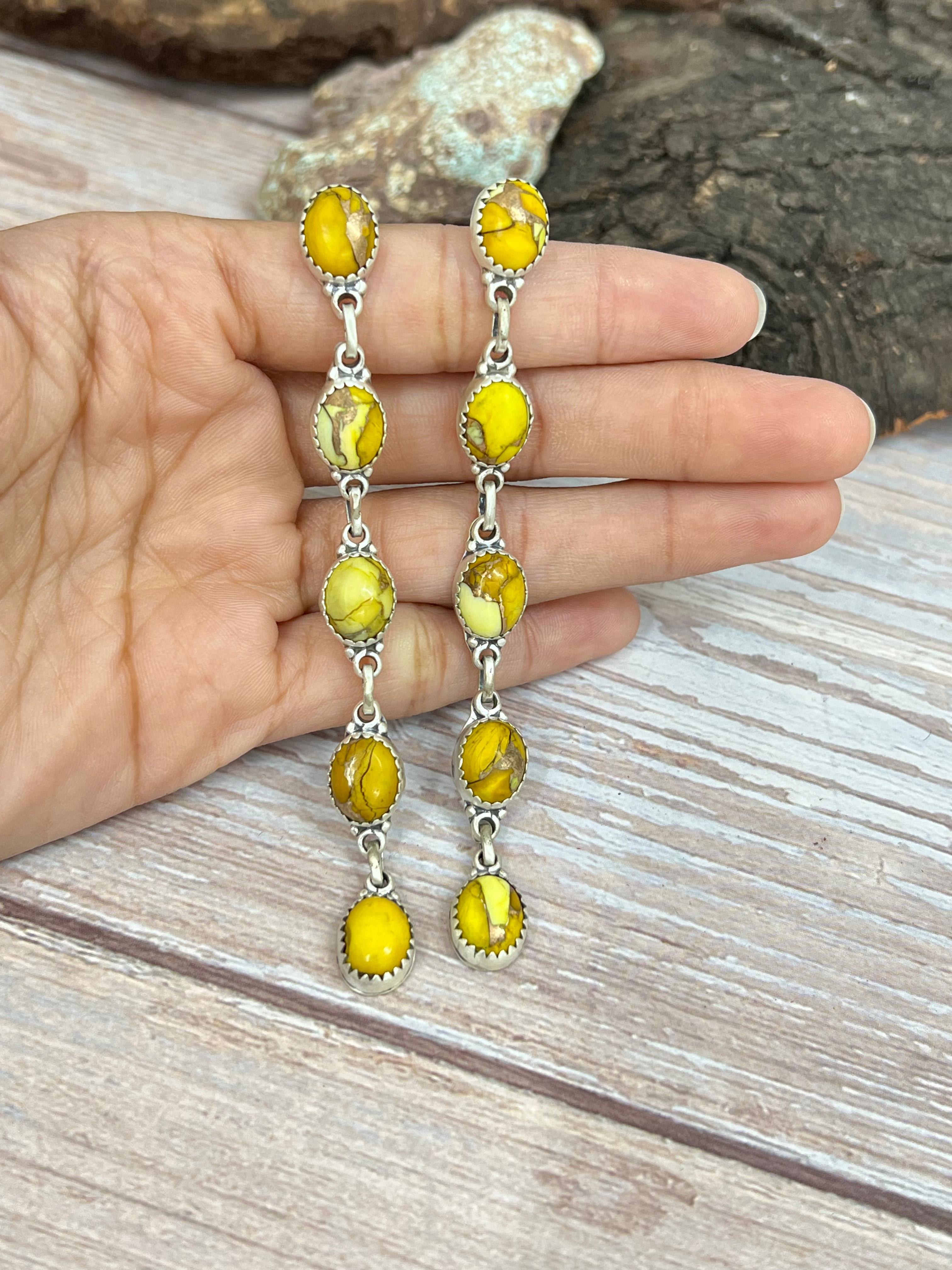 Handmade Sterling Silver Honey Dahlia Post Dangle Earrings with Signed Nizhoni