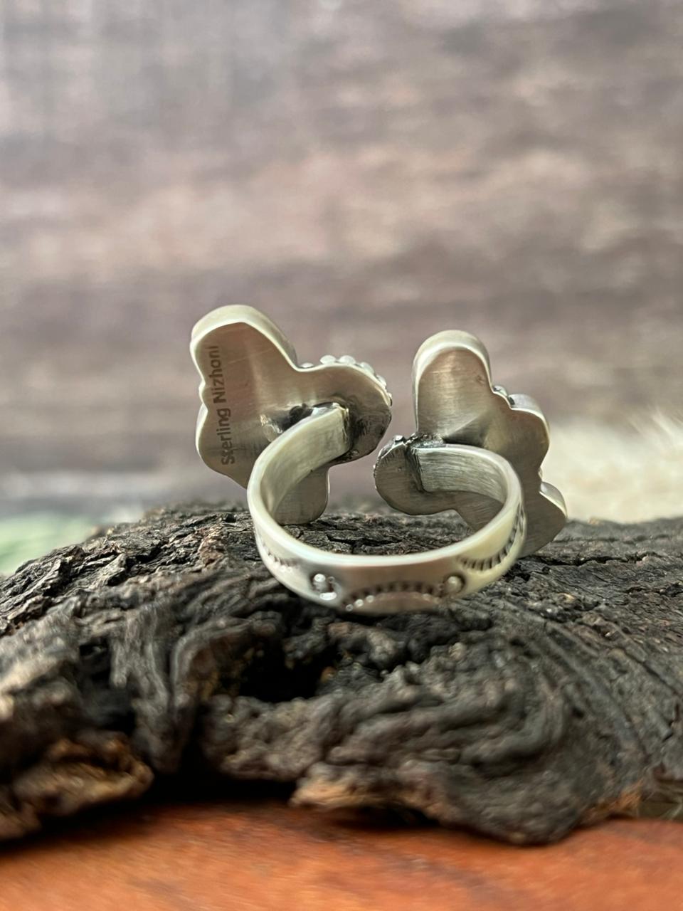 Handmade Sterling Silver White Water with Palomino Turquoise Collection: Adjustable Ring "Signed Nizhoni"