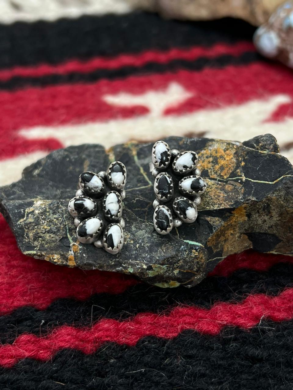 Handmade Sterling Silver White Buffalo with Red Opal Studs Earrings "Signed Nizhoni"