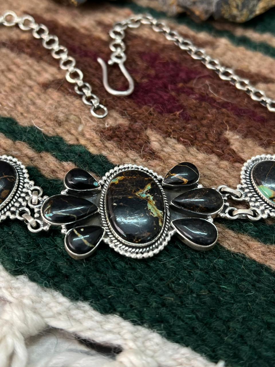 Handmade Sterling Silver Blackjack Turquoise Choker Necklace "Signed Nizhoni"