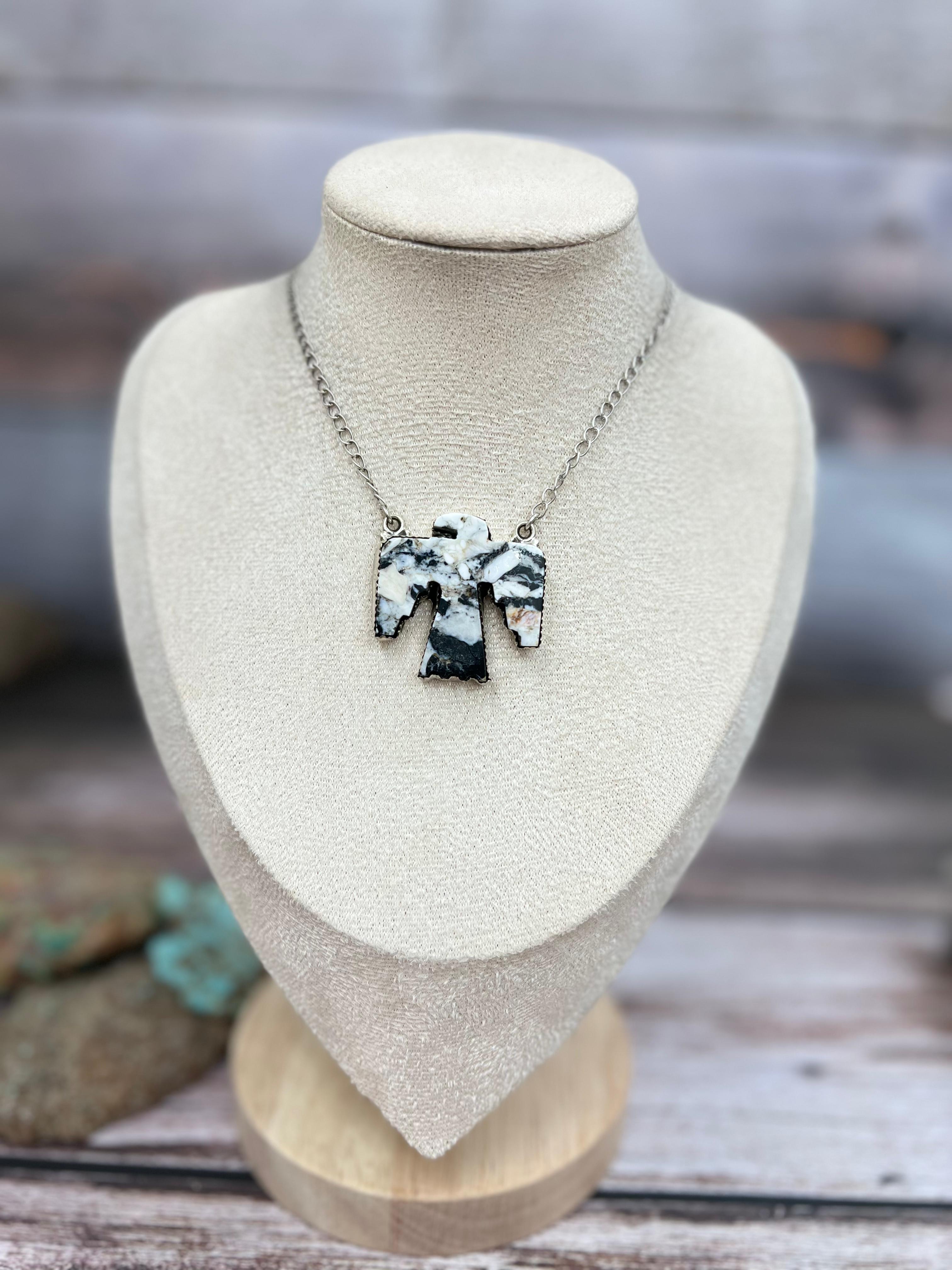 Handmade Sterling Silver Multi Stones Thunderbird Necklace with Signed Nizhoni