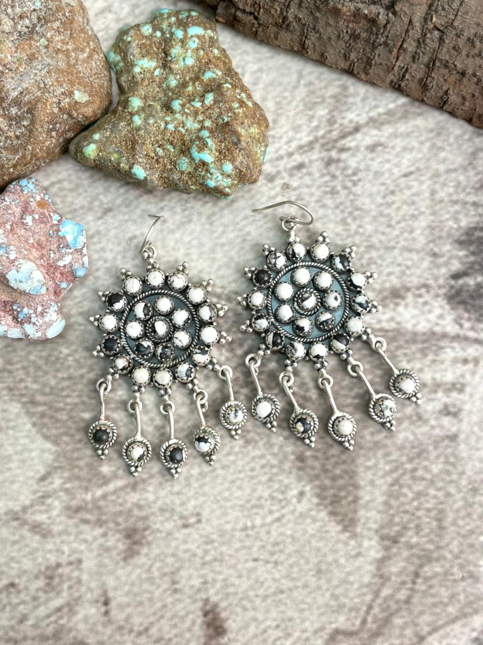 Handmade Sterling Silver White Buffalo Hook Dangle Earrings with Signed Nizhoni