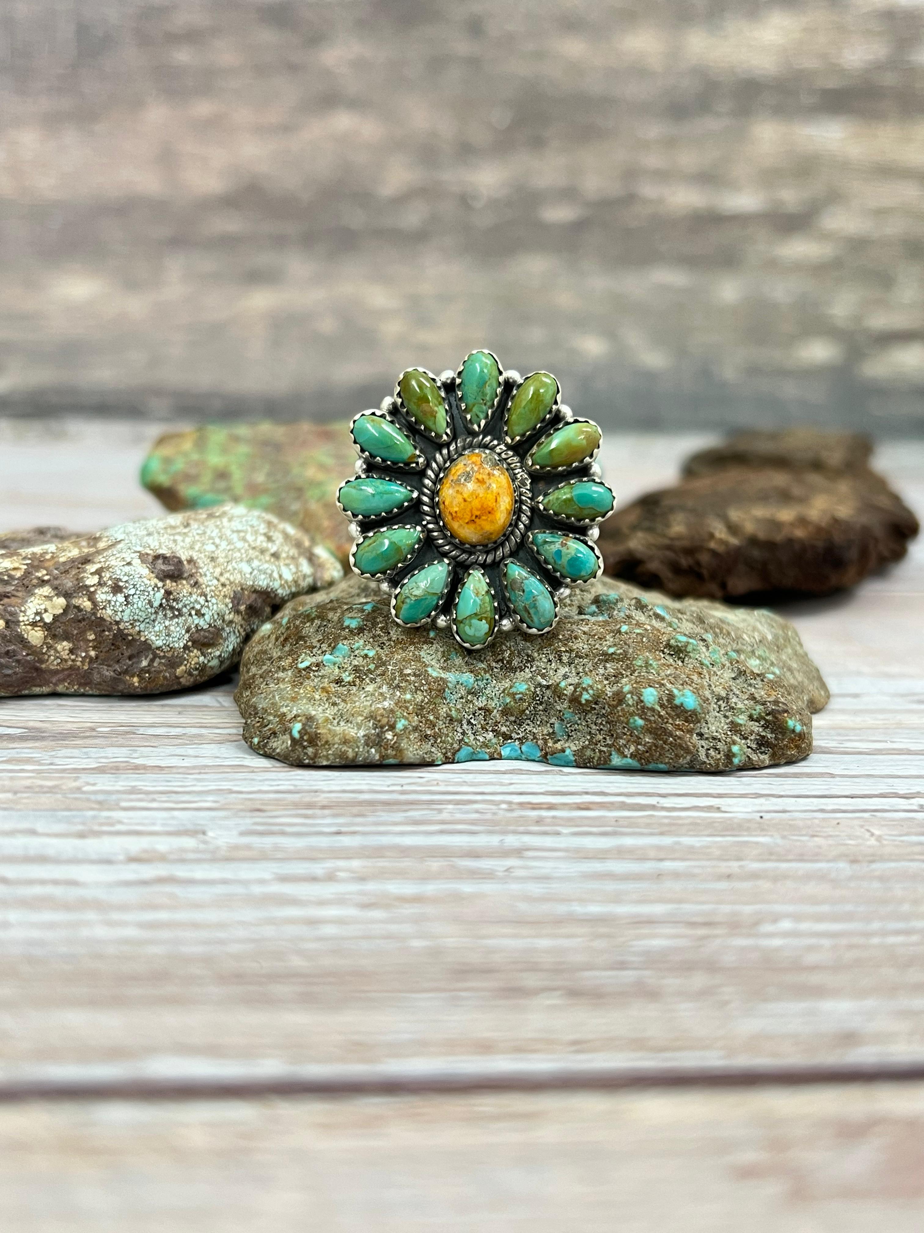 Handmade Sterling Silver Kingman Turquoise, Bumblebee Adjustable Ring with Signed Nizhoni