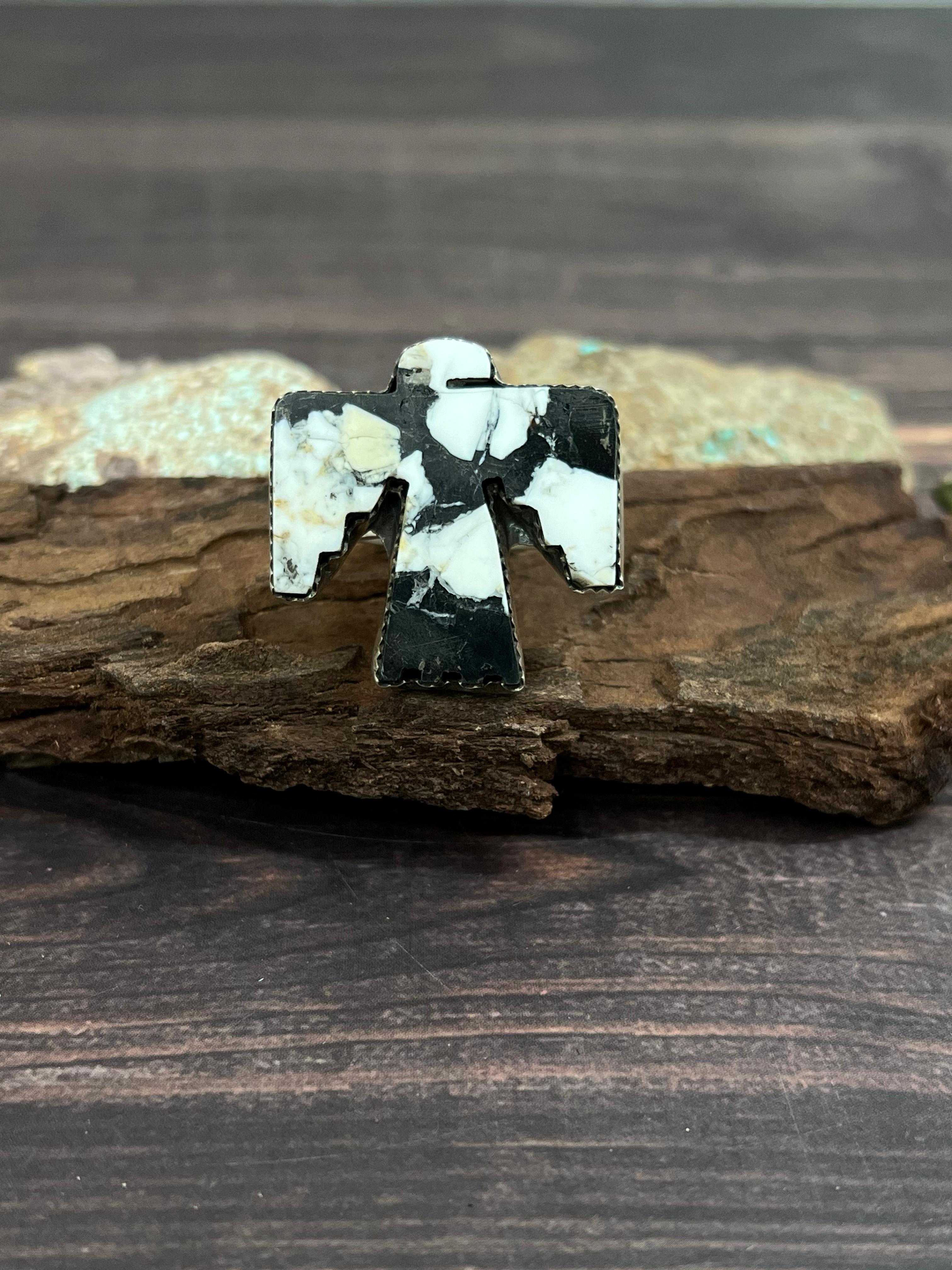 Handmade Sterling Silver White Buffalo Turquoise Adjustable Ring with Signed Nizhoni