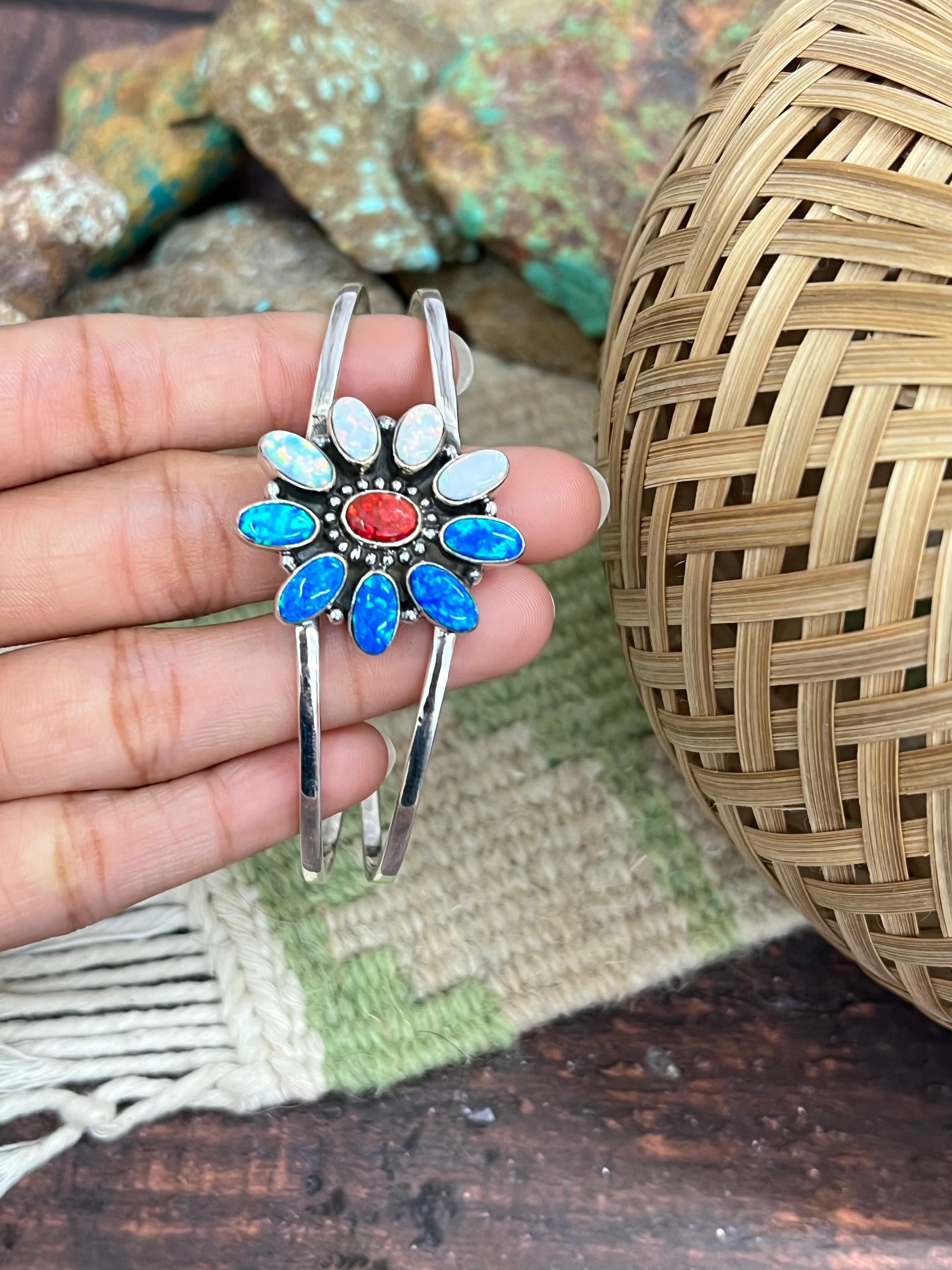 ** 4TH OF JULY ** Handmade Sterling Silver Synthetic Opal Cuff Bracelet with Signed Nizhoni