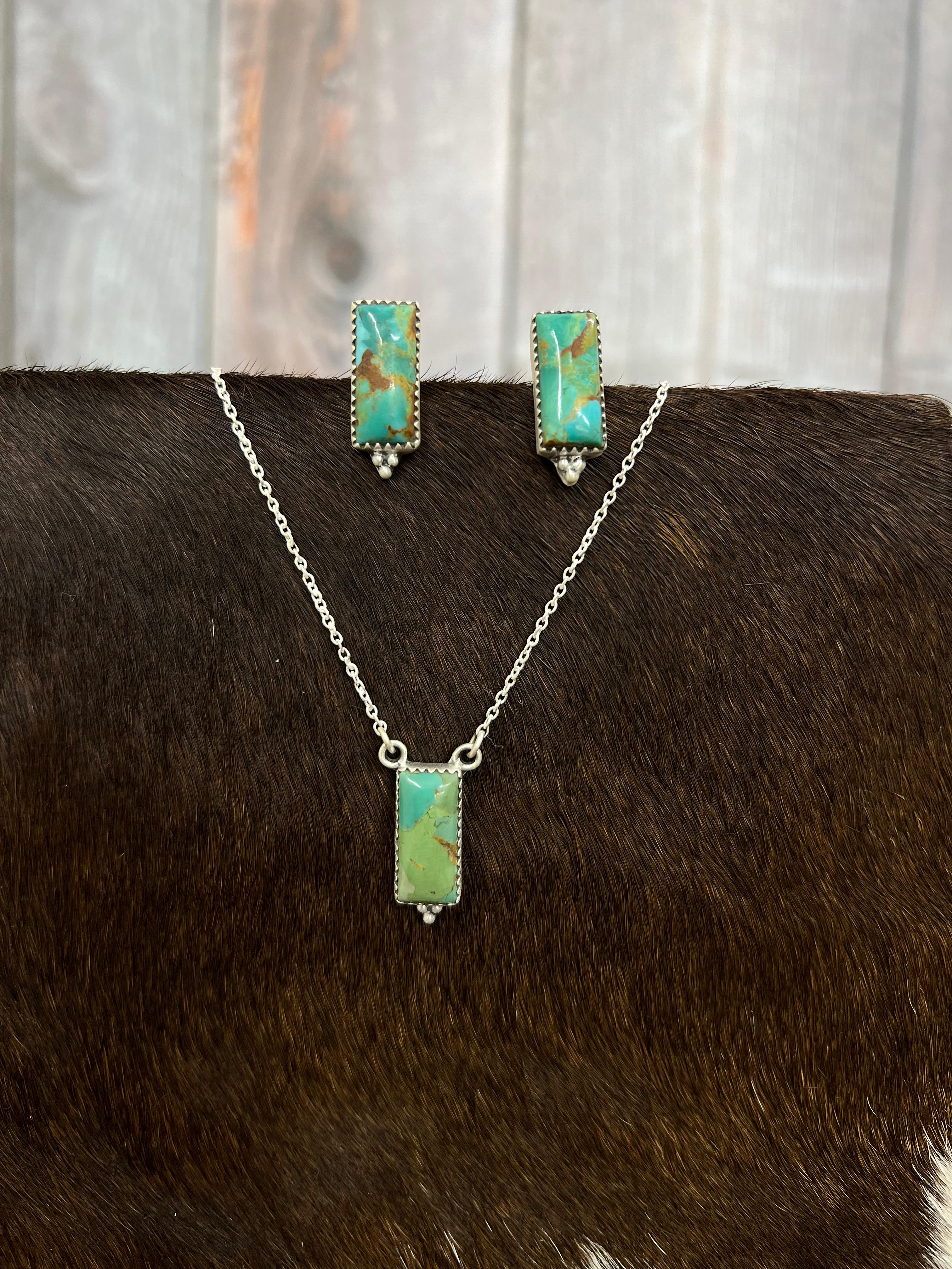 Handmade Sterling Silver Kingman Turquoise Necklace Earrings Set with Signed Nizhoni