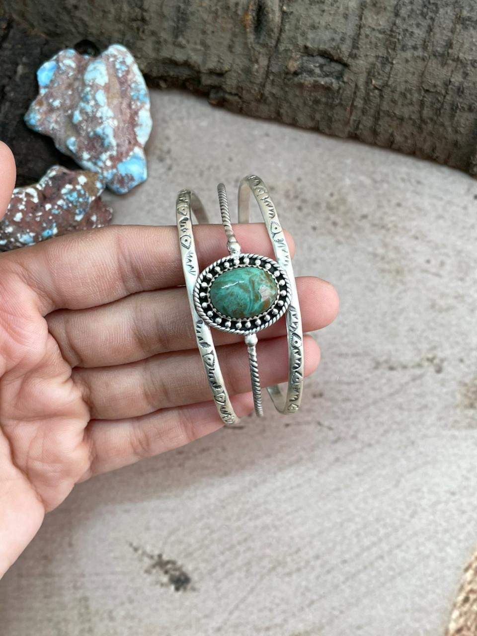 Handmade Sterling Silver Mantis Turquoise Cuff Bracelet with Signed Nizhoni