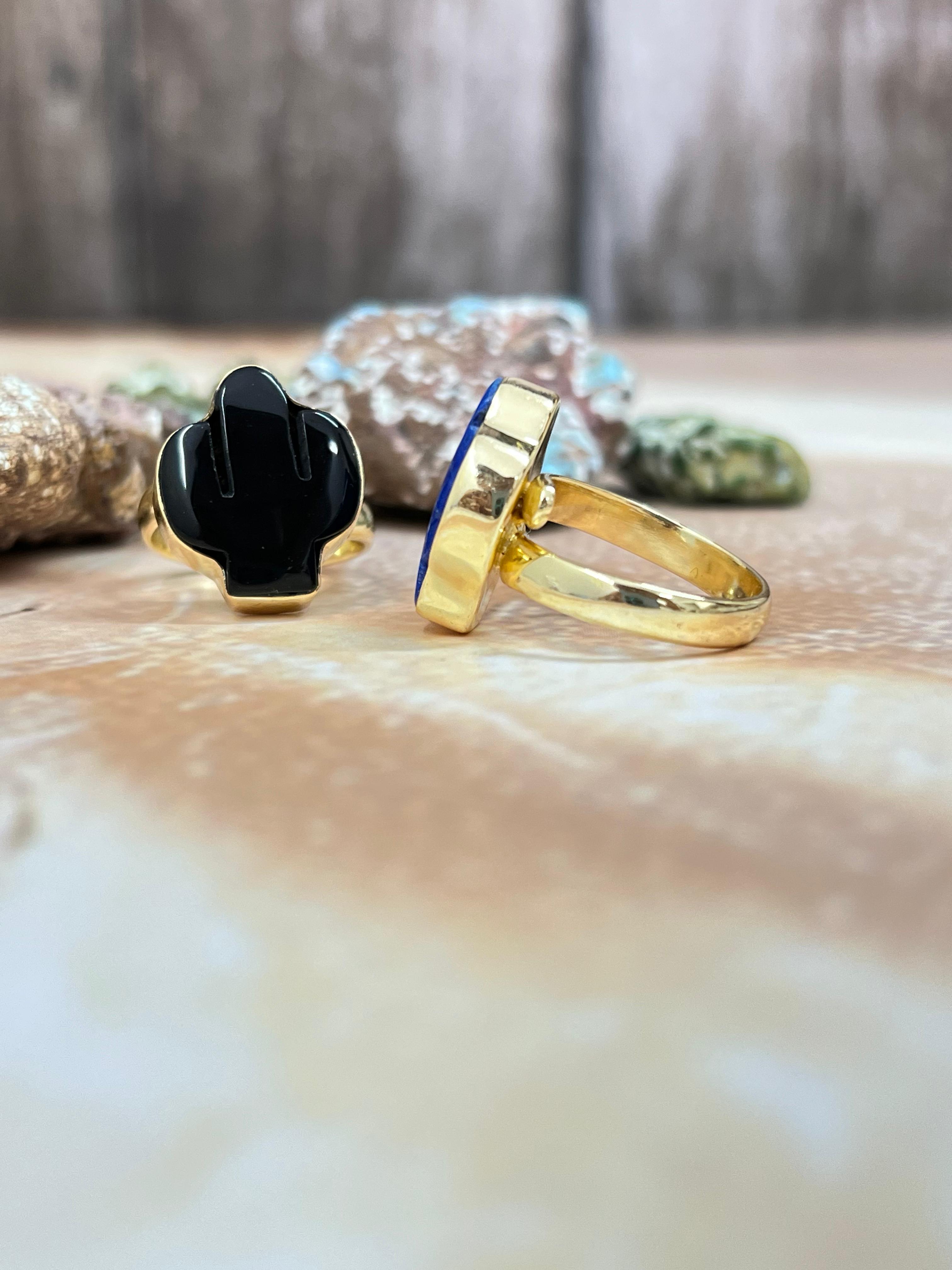 “The Golden Collection” Natural Lapis, Black Onyx Adjustable Saguaro Ring