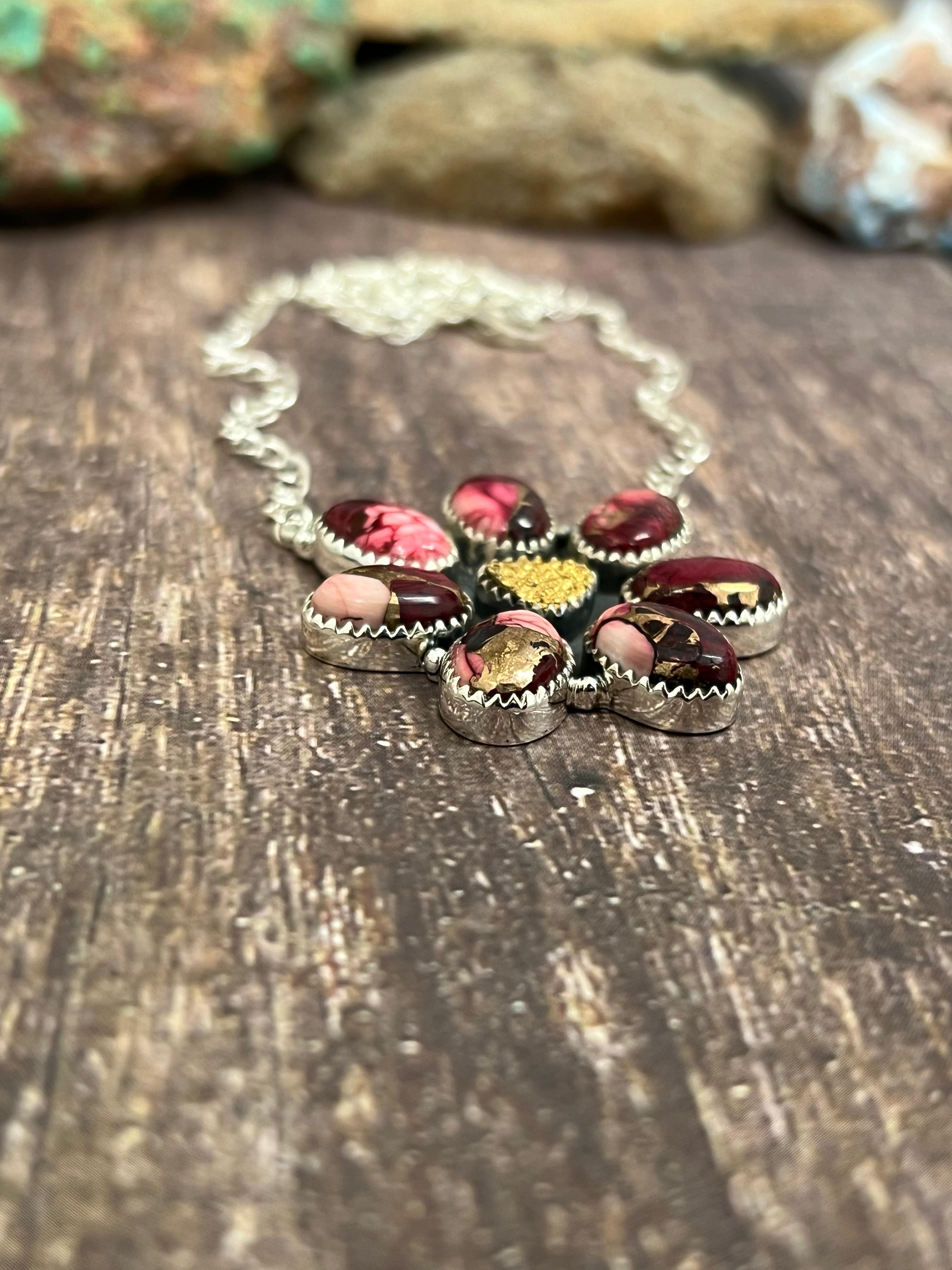 Handmade Sterling Silver Dahlia Rose with Druzy Necklace with Signed Nizhoni