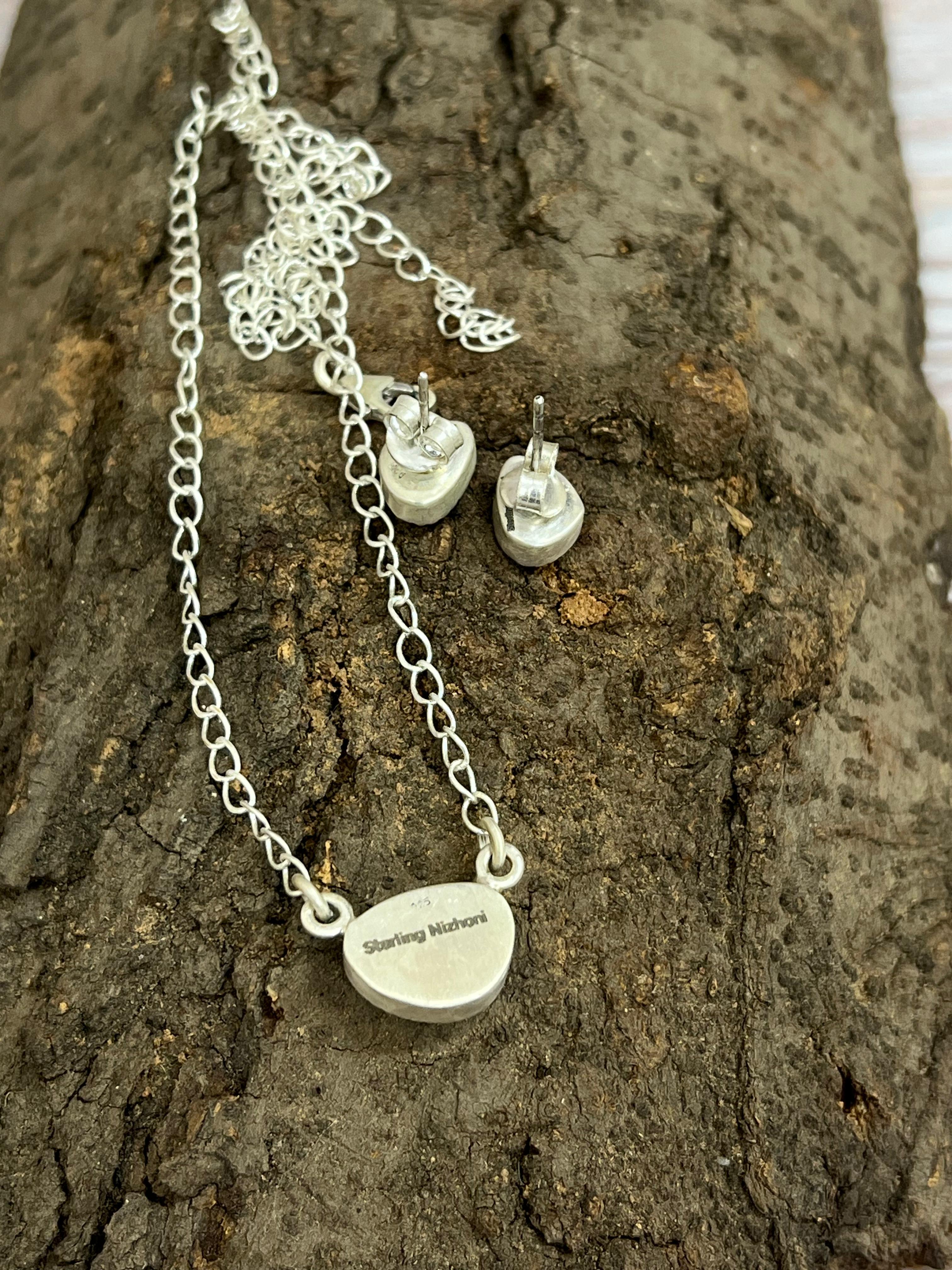 Handmade Sterling Silver White Buffalo Necklace & Earrings Set Signed Nizhoni