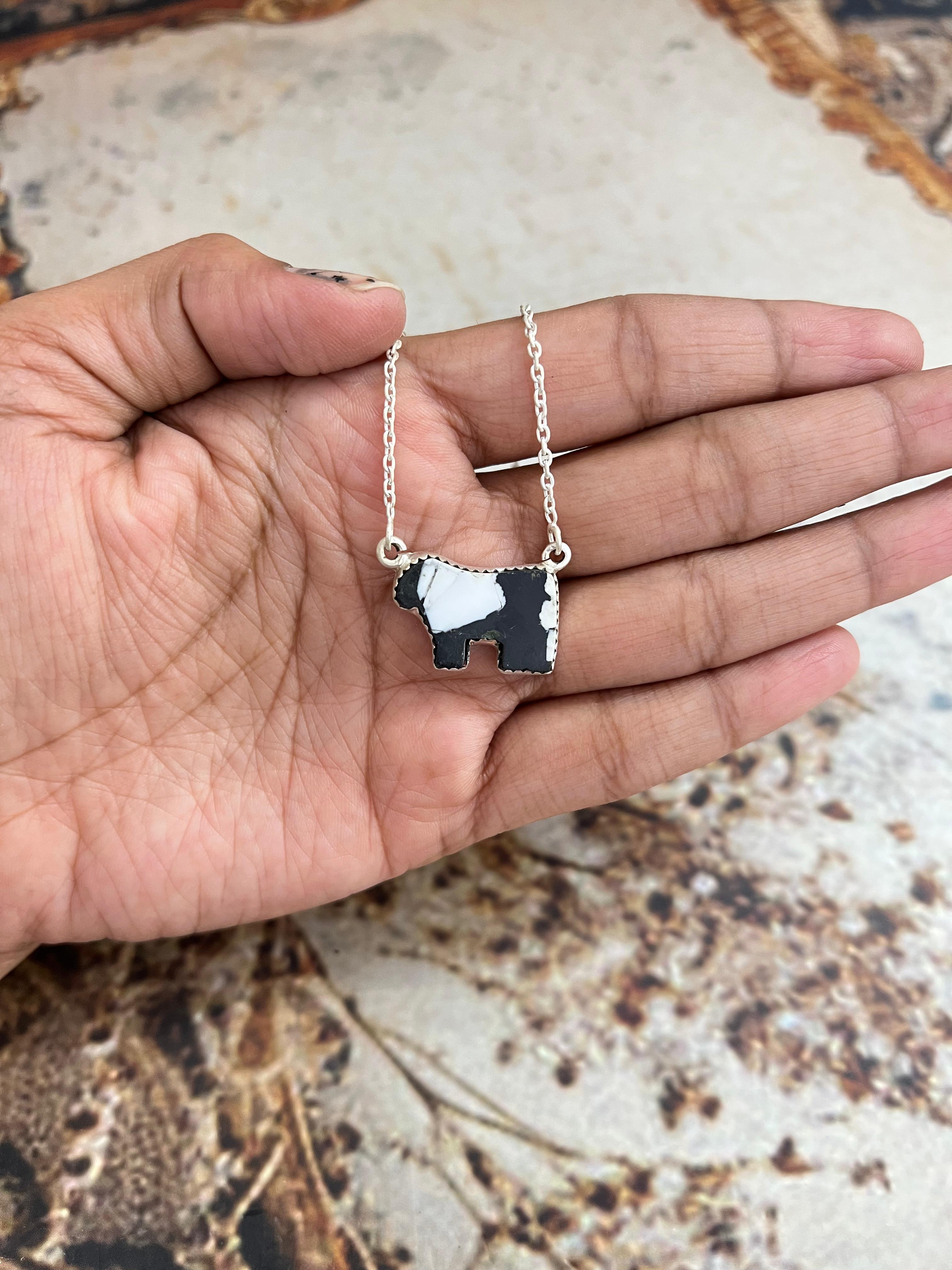 Handmade Sterling Silver White Buffalo BULL Necklace with Signed Nizhoni (4)