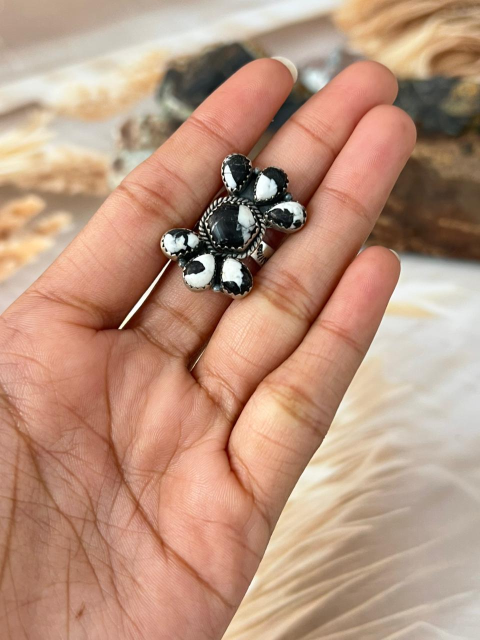 Handmade Sterling Silver White Buffalo Adjustable Ring "Signed Nizhoni"