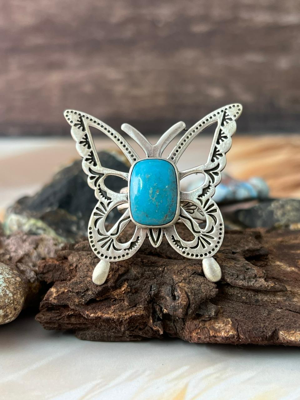 Handmade Sterling Silver Kingman Turquoise Butterfly Adjustable Ring "Signed Nizhoni"