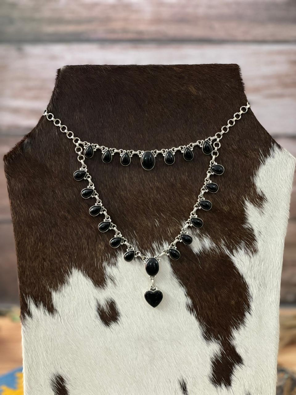 Handmade Sterling Silver Black Onyx Double Strand Necklace "Signed Nizhoni"