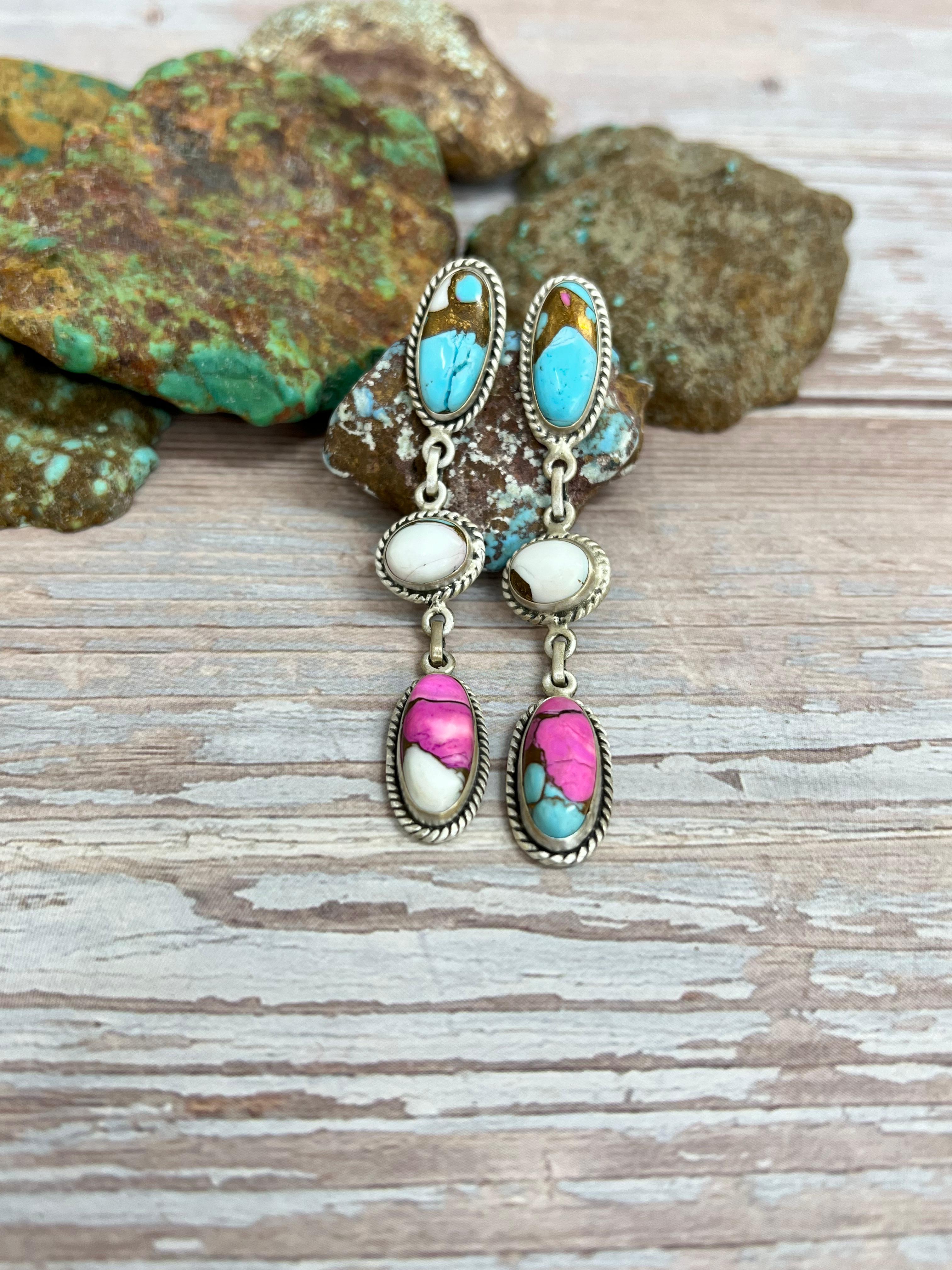 Handmade Sterling Silver Cotton Candy Turquoise Post Dangle Earrings with Signed Nizhoni (2)