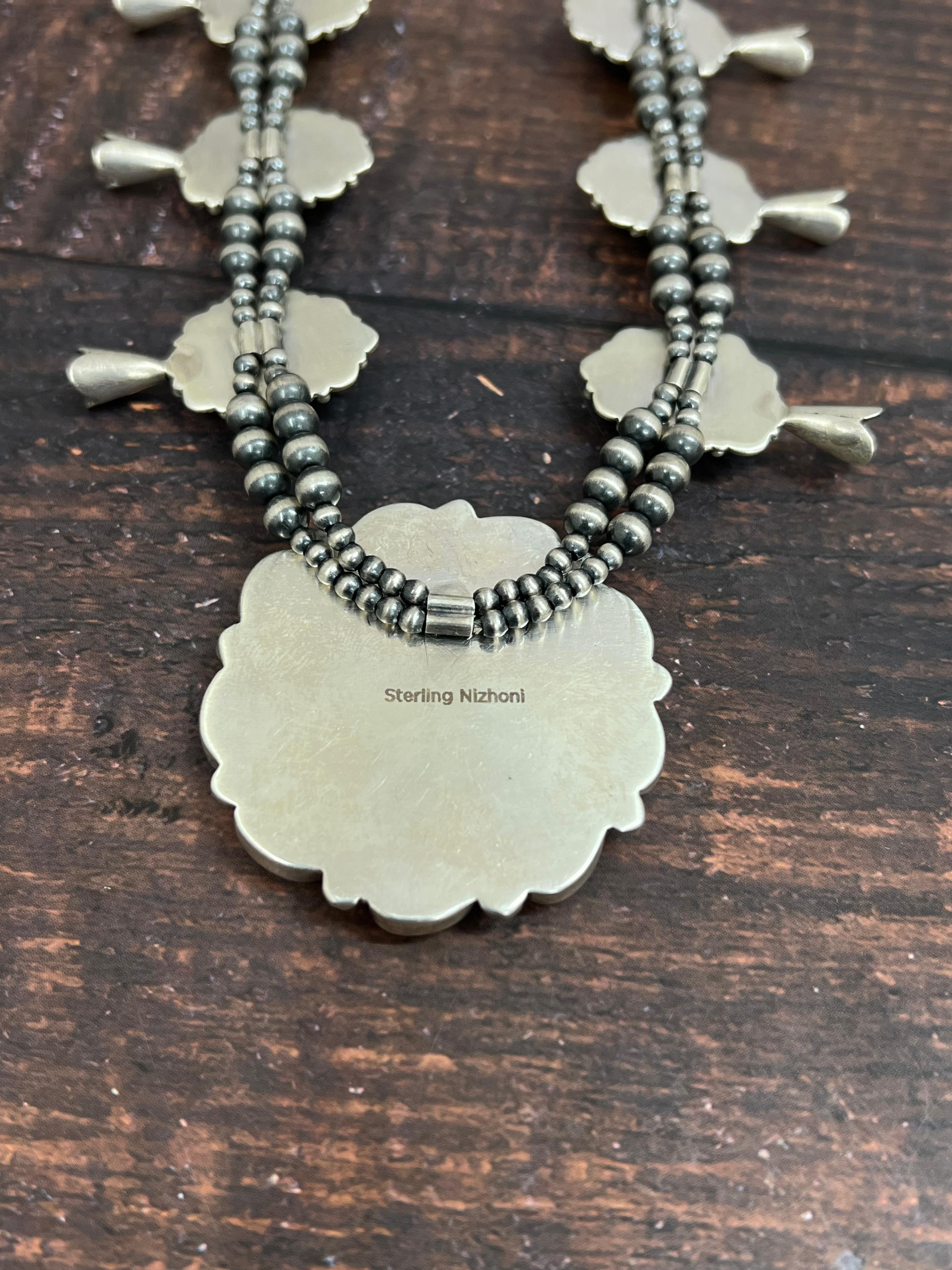 Handmade Sterling Silver Peacock Dahlia Beaded Necklace with Signed Nizhoni