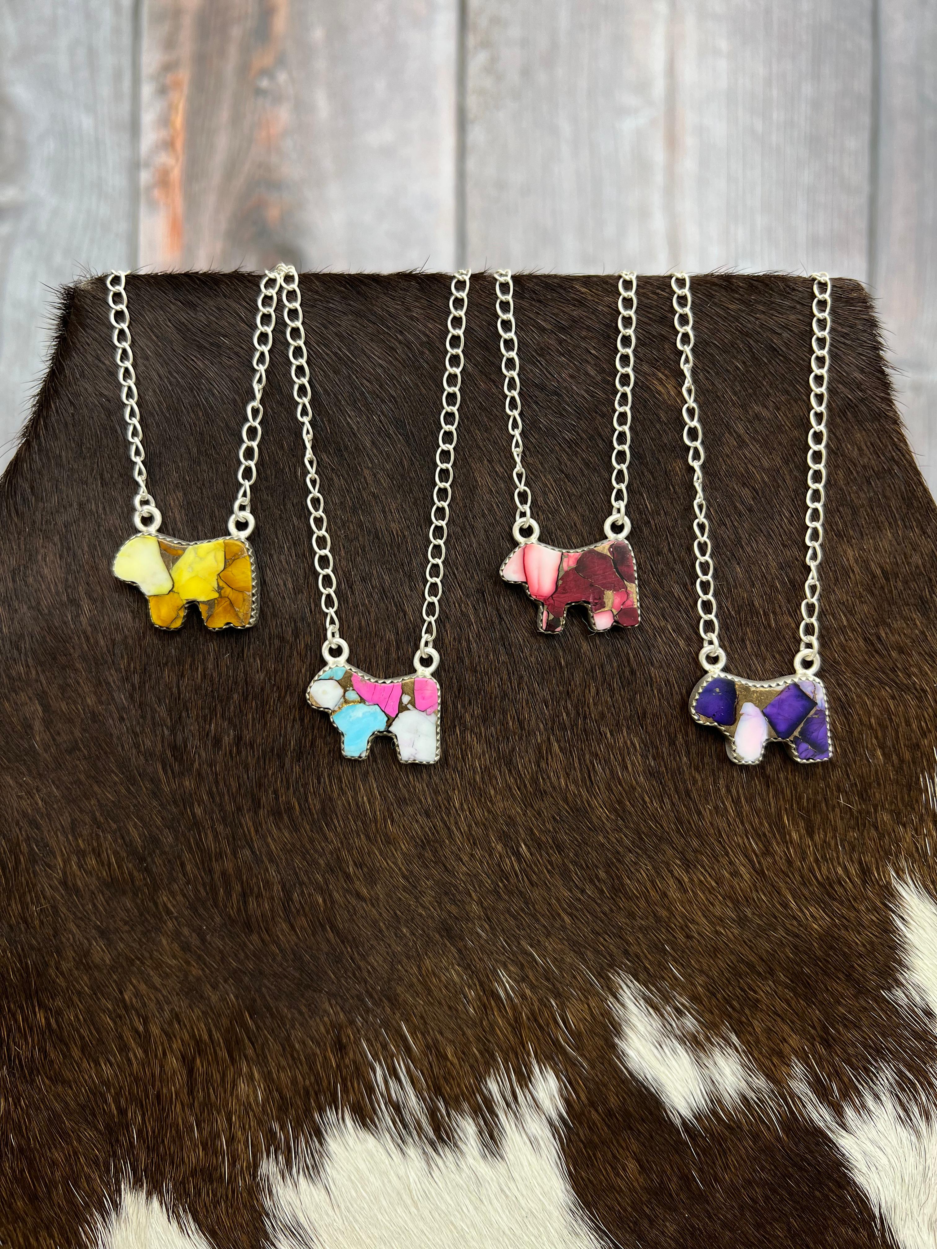 Handmade Sterling Silver Multi Gemstone Bull Necklace with Signed Nizhoni