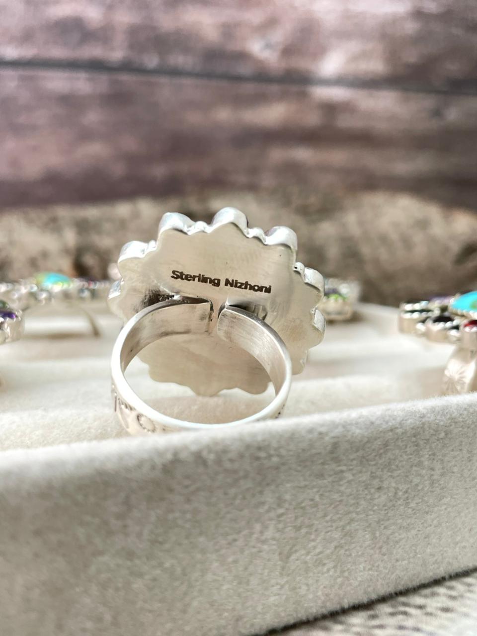 Handmade Sterling Silver Sonoran with Cut Stones Adjustable Ring "Signed Nizhoni"