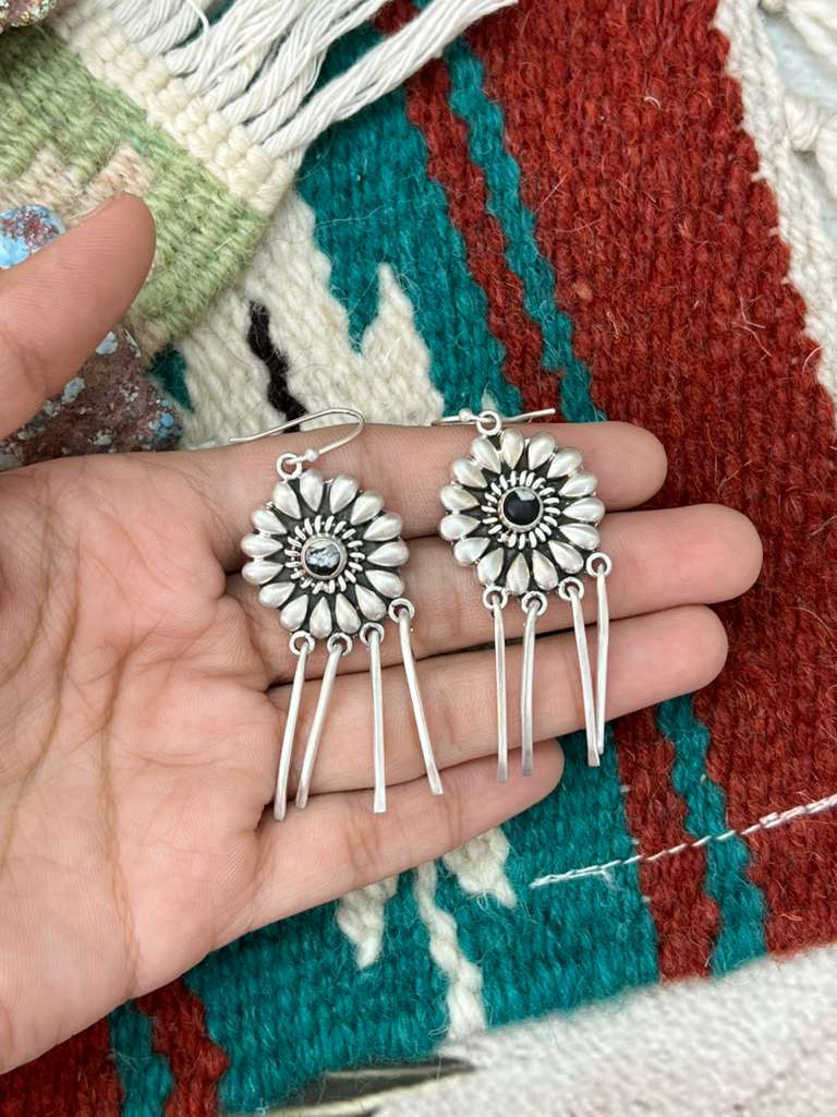 Handmade Sterling Silver White Buffalo Post Dangle Earrings "Signed Nizhoni"