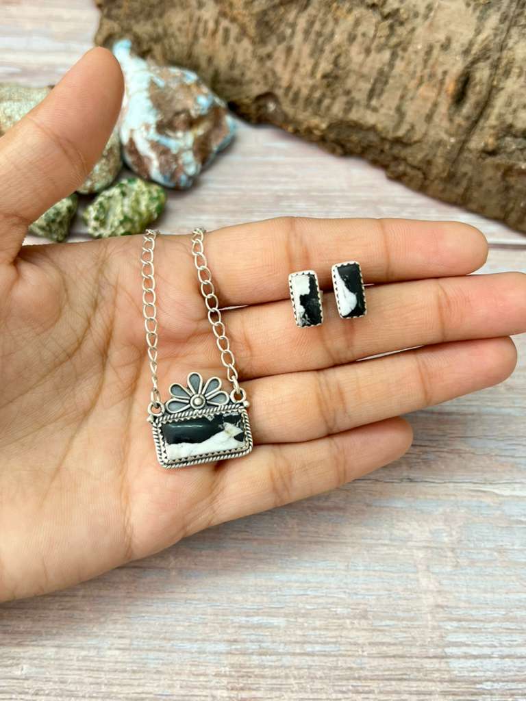 Handmade Sterling Silver White Buffalo Necklace Earrings Set with Signed Nizhoni