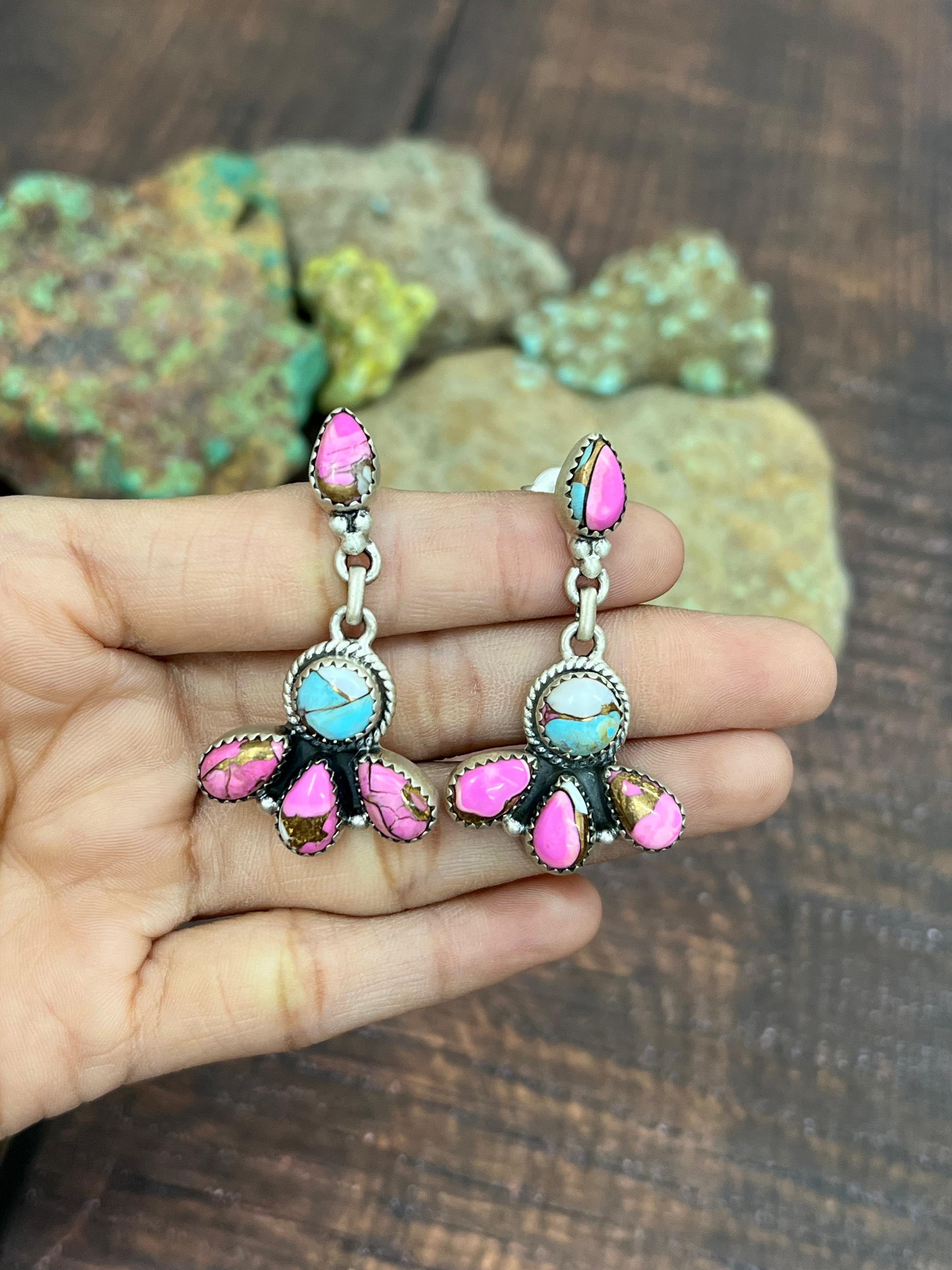 Handmade Sterling Silver Cotton Candy Turquoise Dangle Earrings with Signed Nizhoni