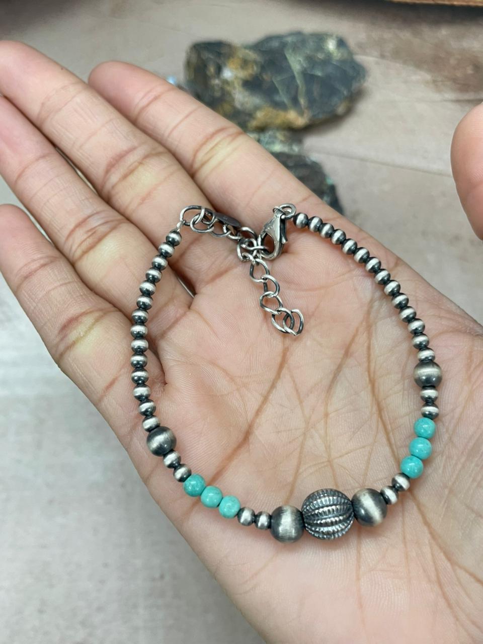 Handmade Sterling Silver Beaded Kingman Turquoise Chain Bracelet "Signed Nizhoni" (7)