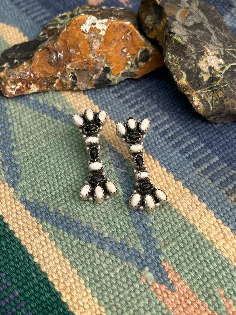 Handmade Sterling Silver White Buffalo Post Earrings "Signed Nizhoni"