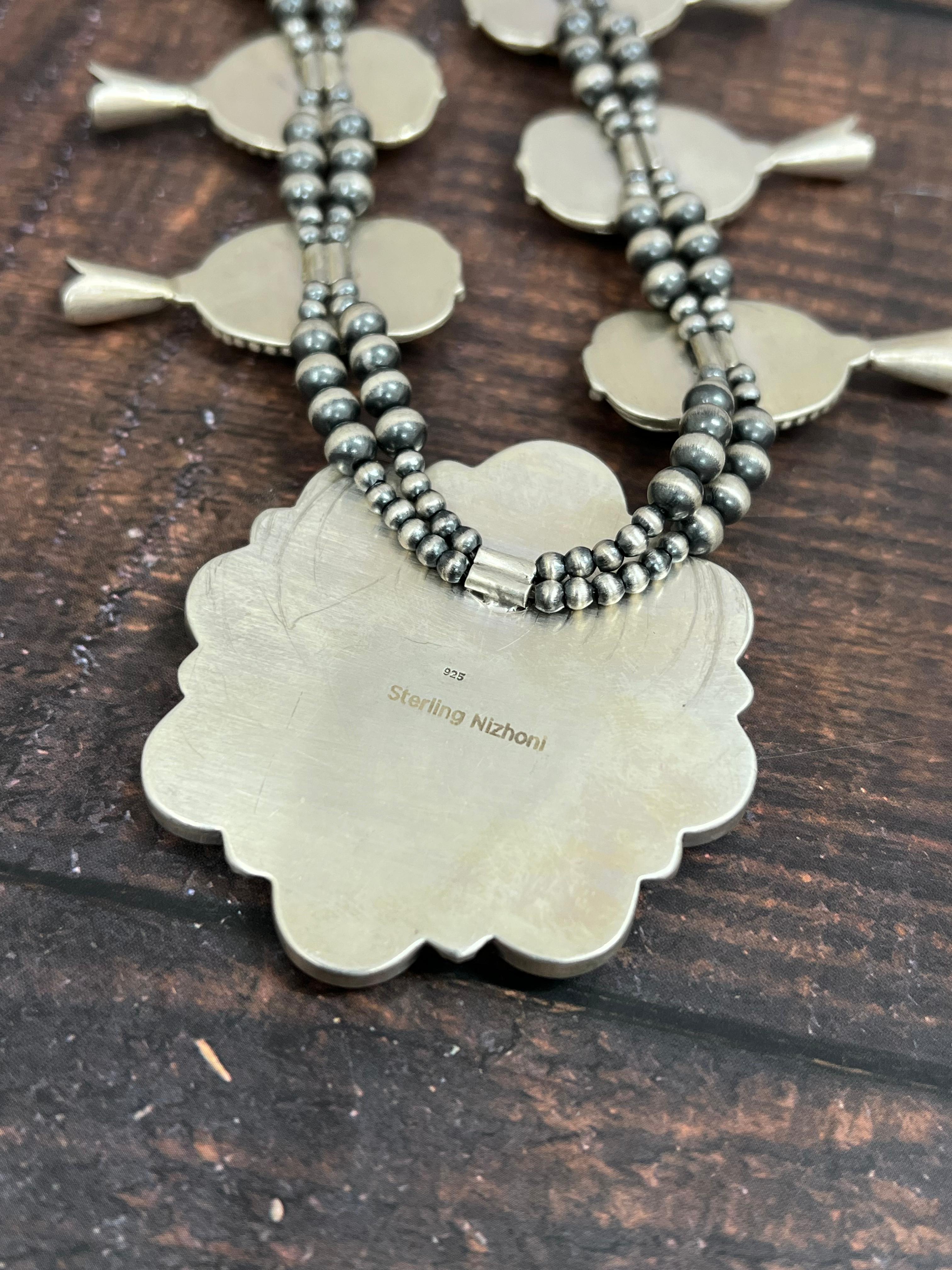 Handmade Sterling Silver Peacock Dahlia Beaded Necklace with Signed Nizhoni