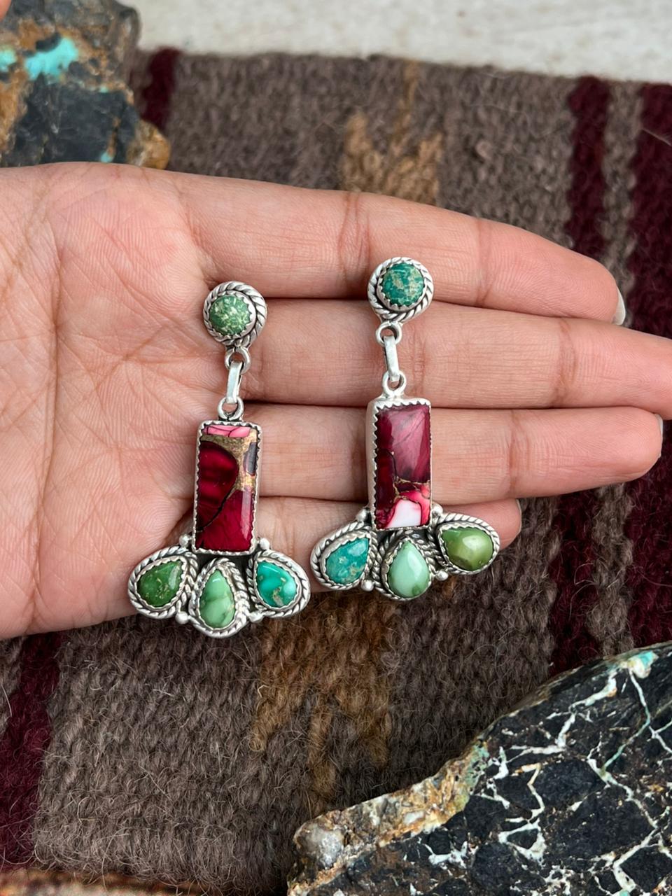 Handmade Sterling Silver Dahlia Rose with Emerald Valley Turquoise Post Earrings "Signed Nizhoni"