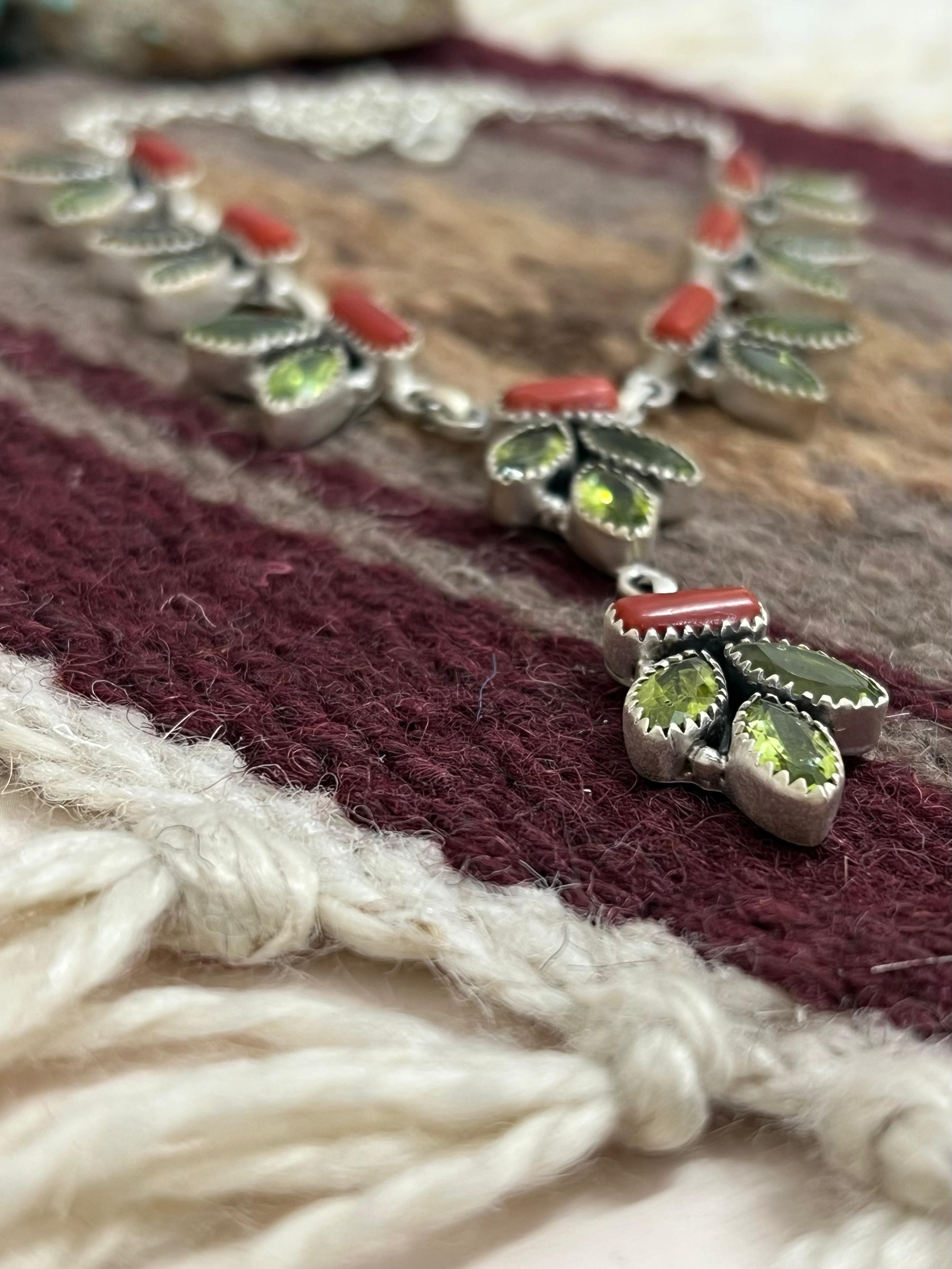 Christmas Collection Handmade Sterling Silver Coral with Peridot Necklace with Signed Nizhoni